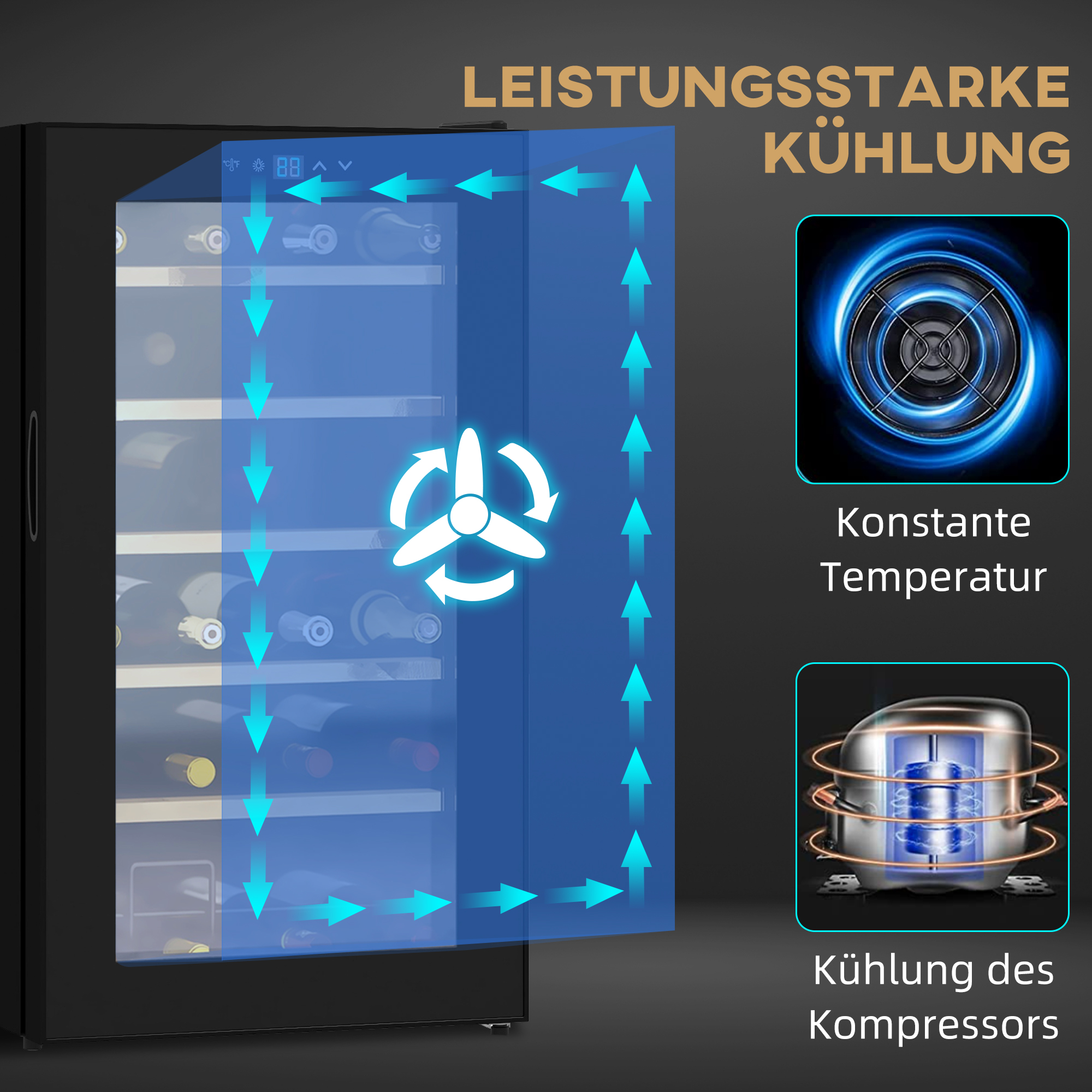 HOMCOM Wijnkoelkast voor 24 flessen, instelbare temperatuur van 5 tot 20° C, LED-verlichting, zwart, 43 x 45 x 75 cm