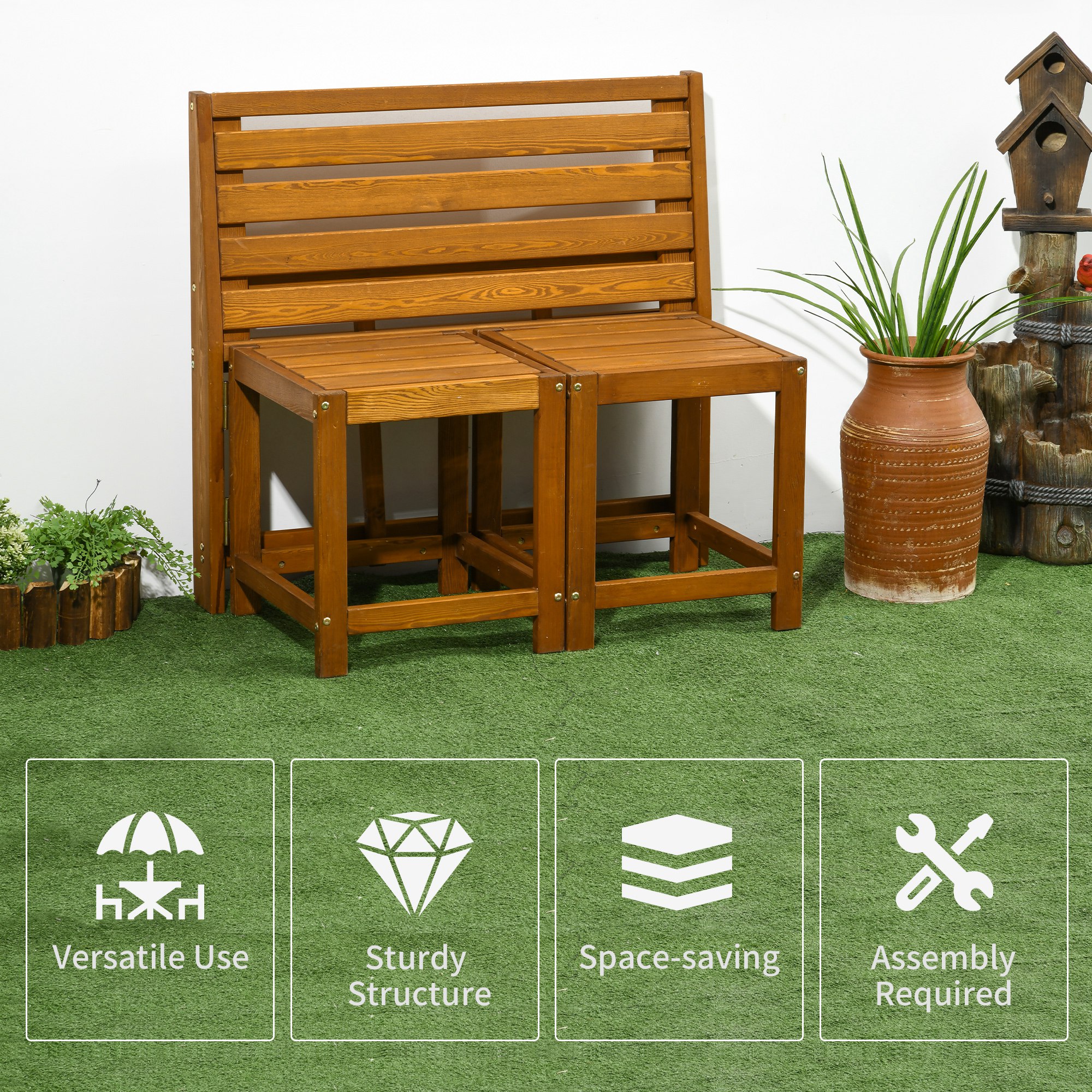 Outsunny tuinbank, 2-in-1 parkbank, tuinmeubelset voor 2 personen teak