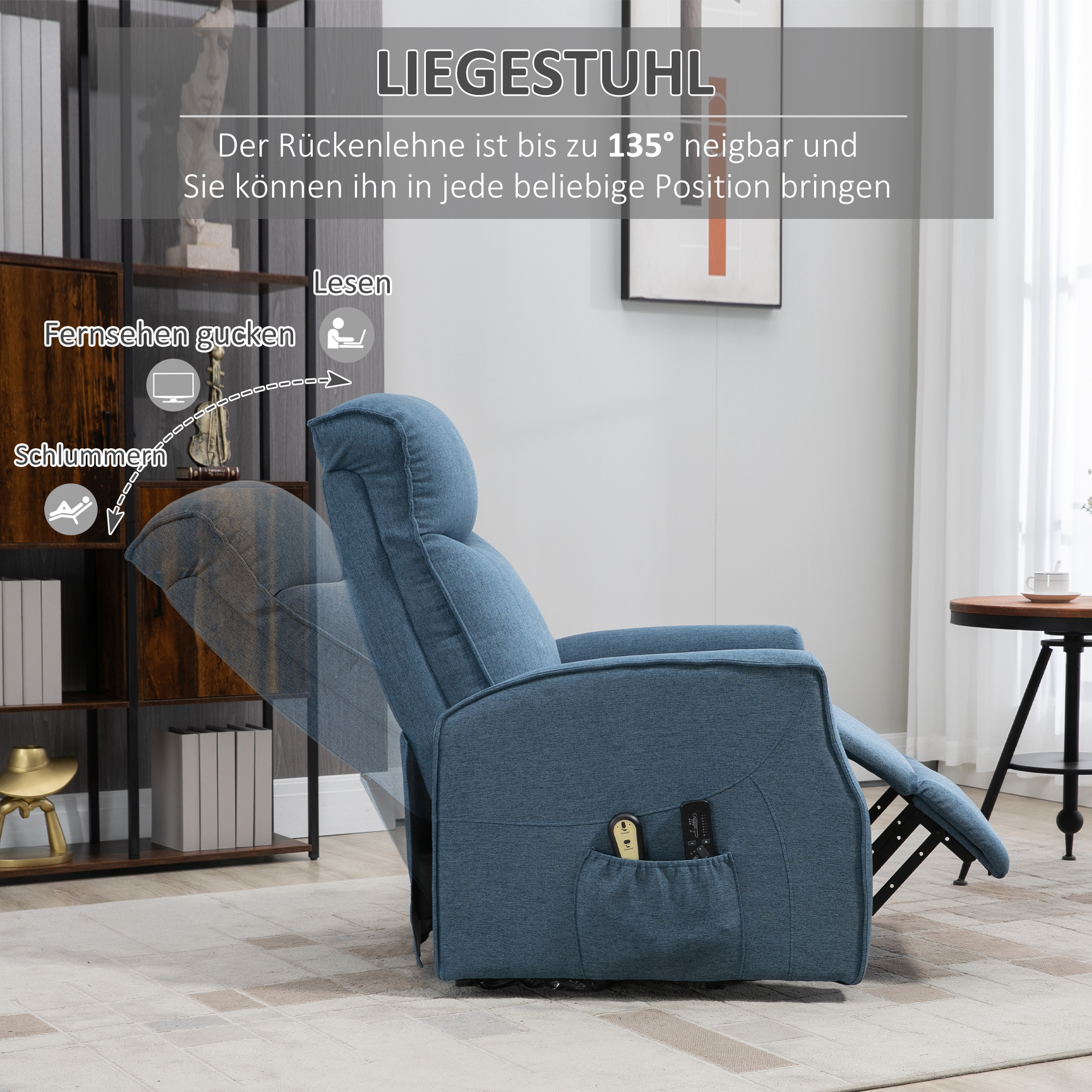 HOMCOM Massagestoel met opsta-hulp, relaxstoel, inclusief afstandsbediening, 1 zijvak, voetensteun, blauw