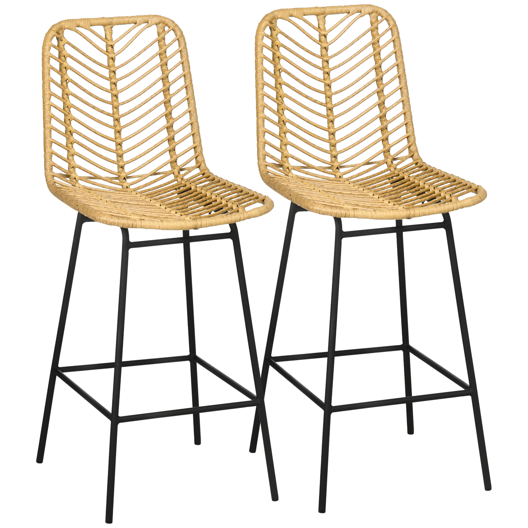 HOMCOM Set van 2 barkrukken in boho-design, PE-rotan, inclusief voetsteun, 42,5 cm x 52 cm x 102 cm, geel+zwart