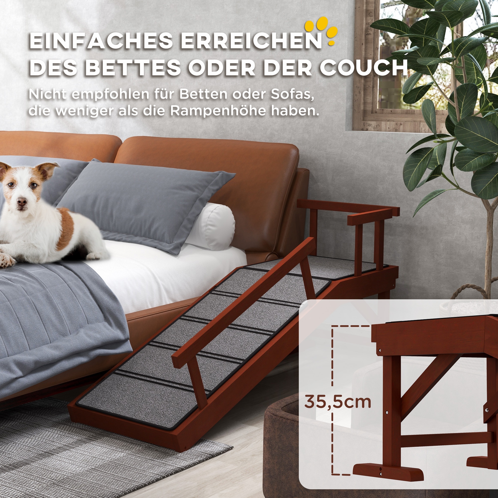 PawHut Huisdierloopplank, Afneembare Leuningen, Antislip, Grenenhout, tot 30 kg, 125x40x56cm, Bruin/Grijs