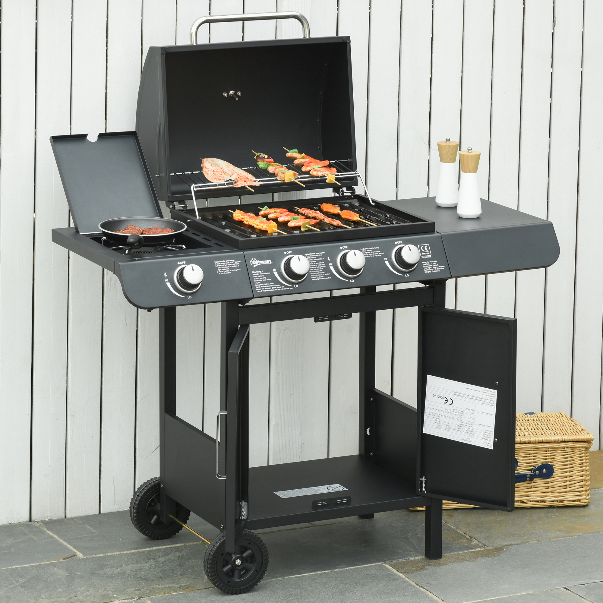 Outsunny gasgrill BBQ met 4 branders metaal zwart 110 x 50 x 100 cm