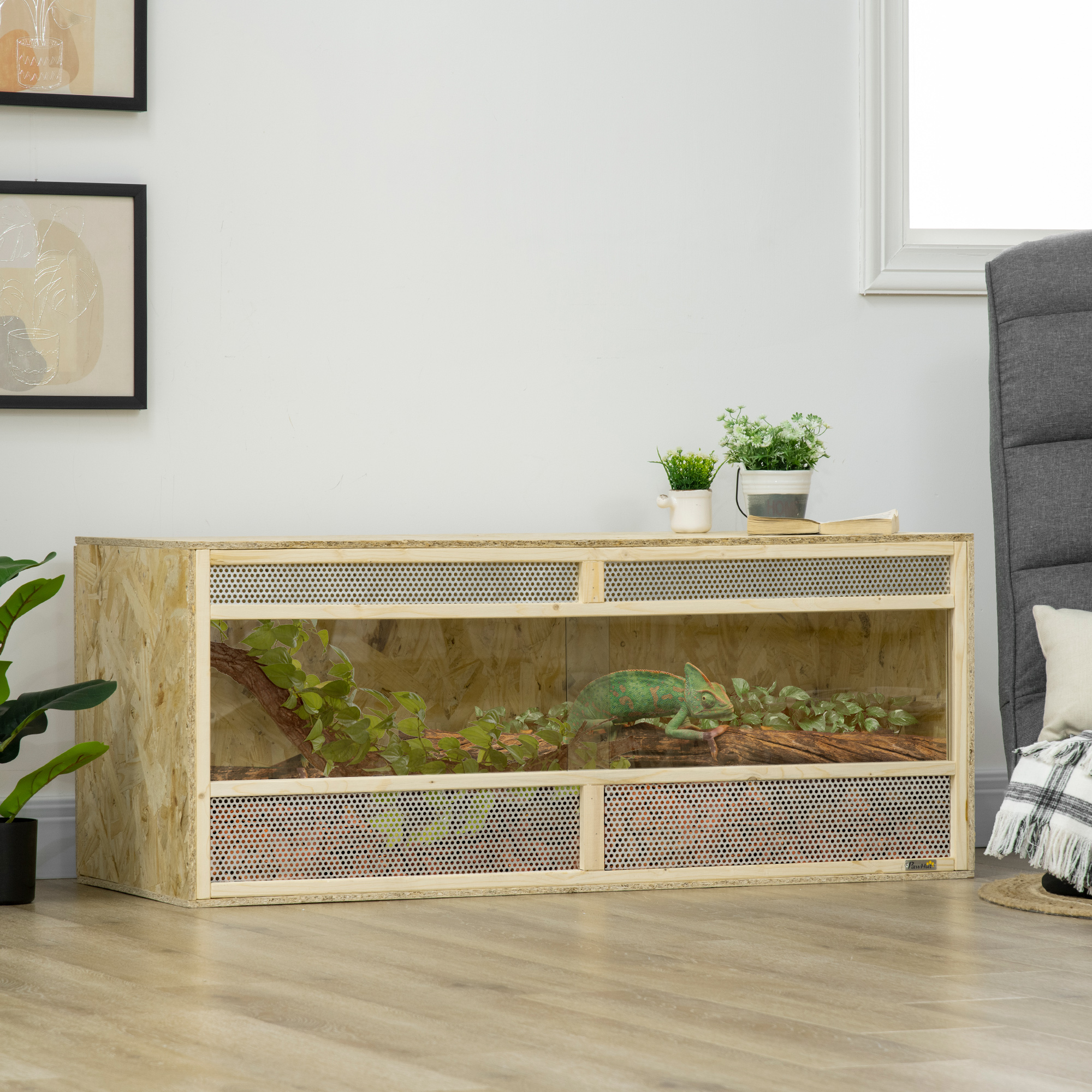 PawHut Terrarium voor Reptielen/Amfibieën, met Glazen Schuifdeuren, Ventilatiegrill, 120x50x50cm