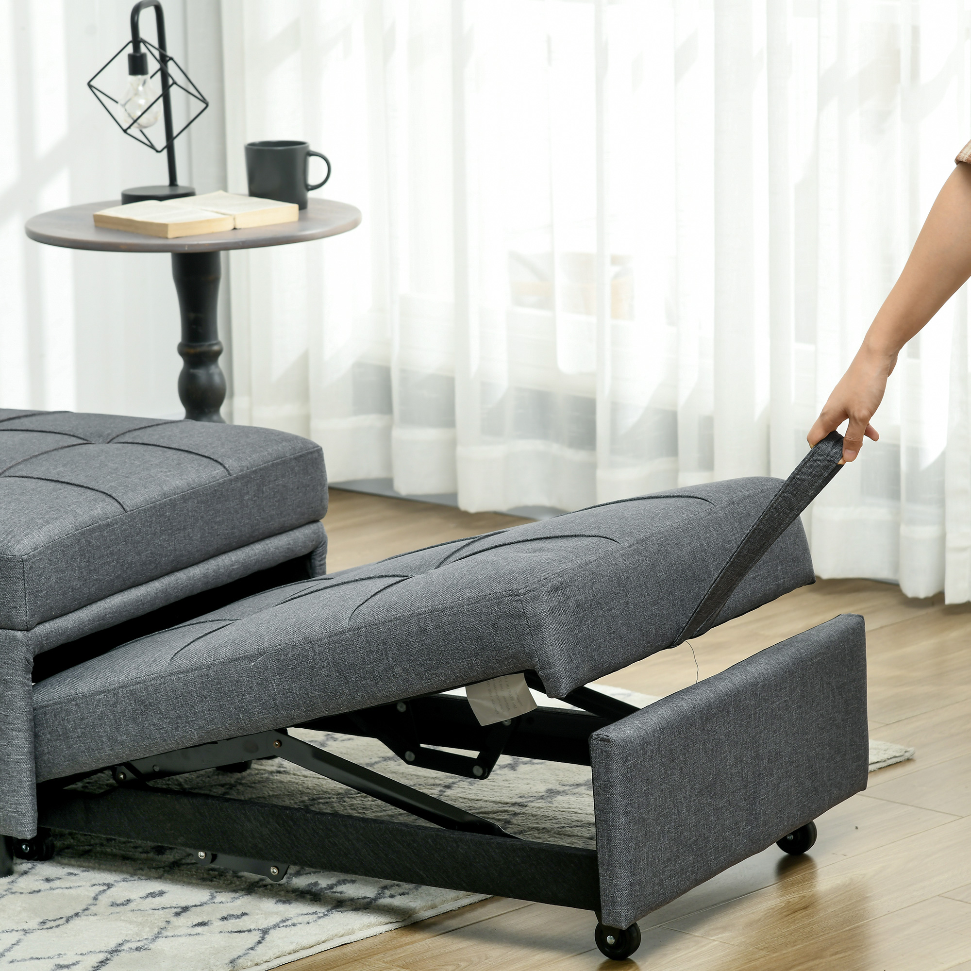 HOMCOM Ligstoel Slaapstoel 3-in-1 Stoel, linnenlook, inclusief kussen, 65,5 cm x 104 cm x 81 cm, Donkergrijs