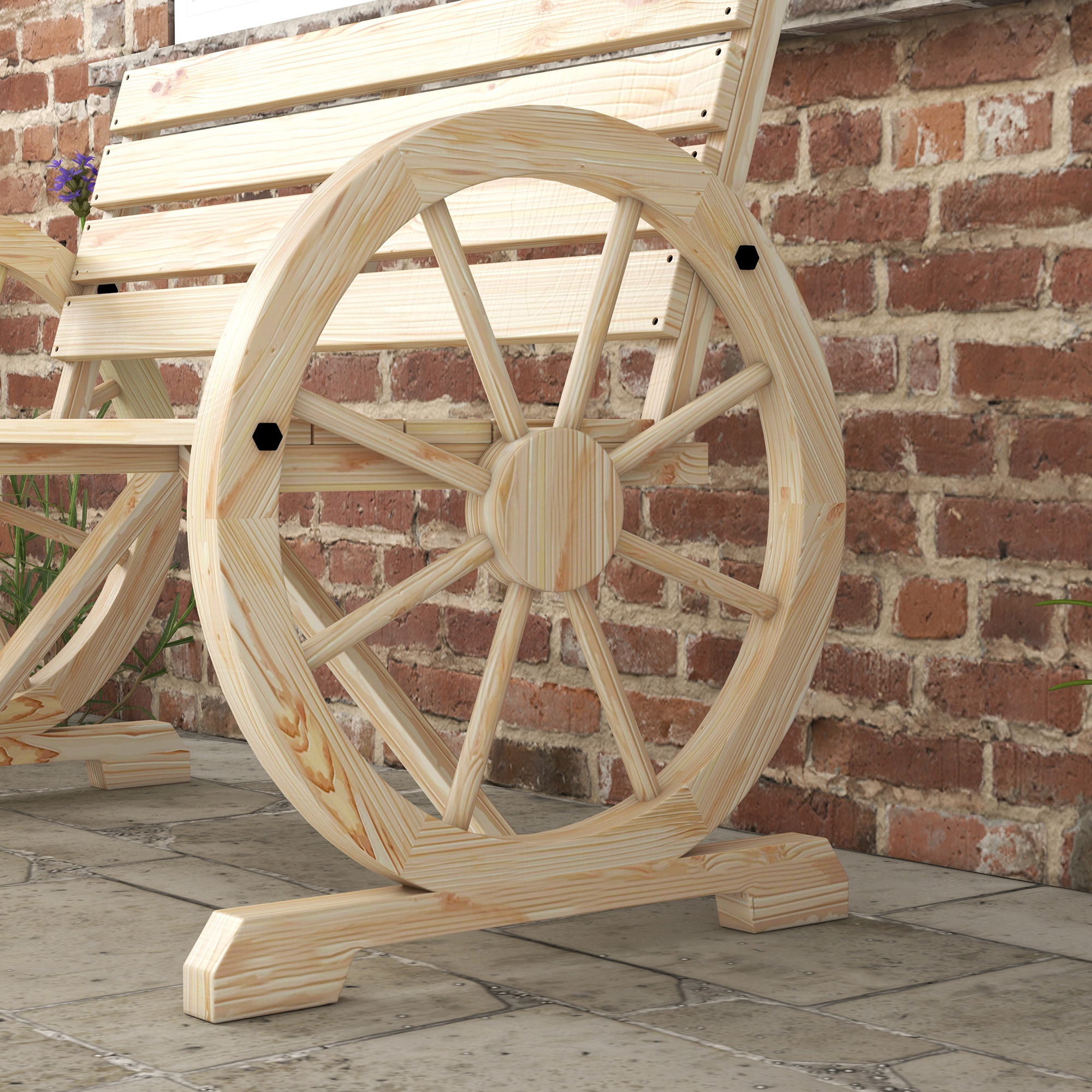 Outsunny Tuinbank, Wagenwiel-ontwerp, voor 2 personen, natuurlijk hout, donkerbruin, 105,5 x 56 x 79 cm, Natuurlijk