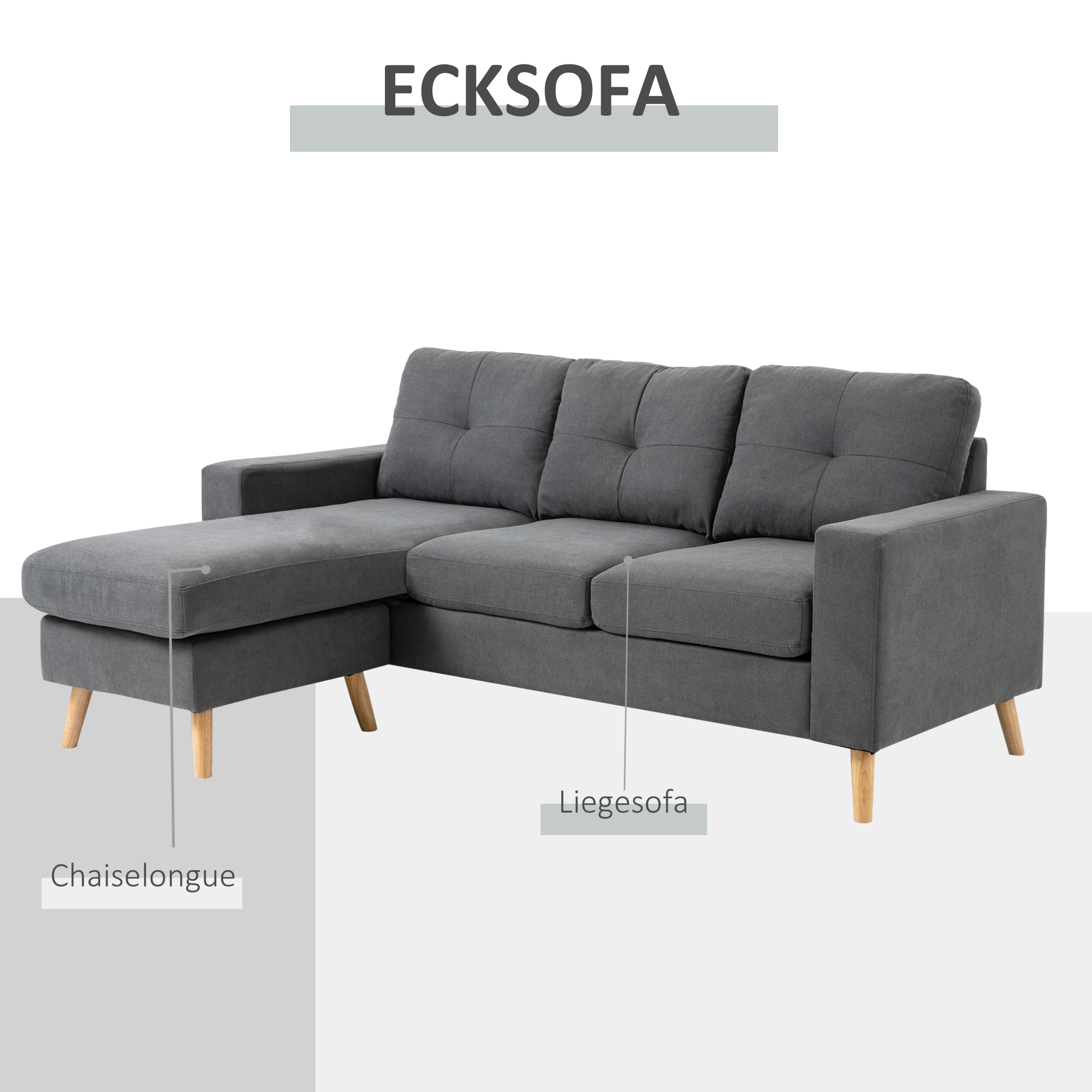 HOMCOM Hoekbank in Scandinavisch design, met knoopdetail, massief hout, linnenlook, Grijs