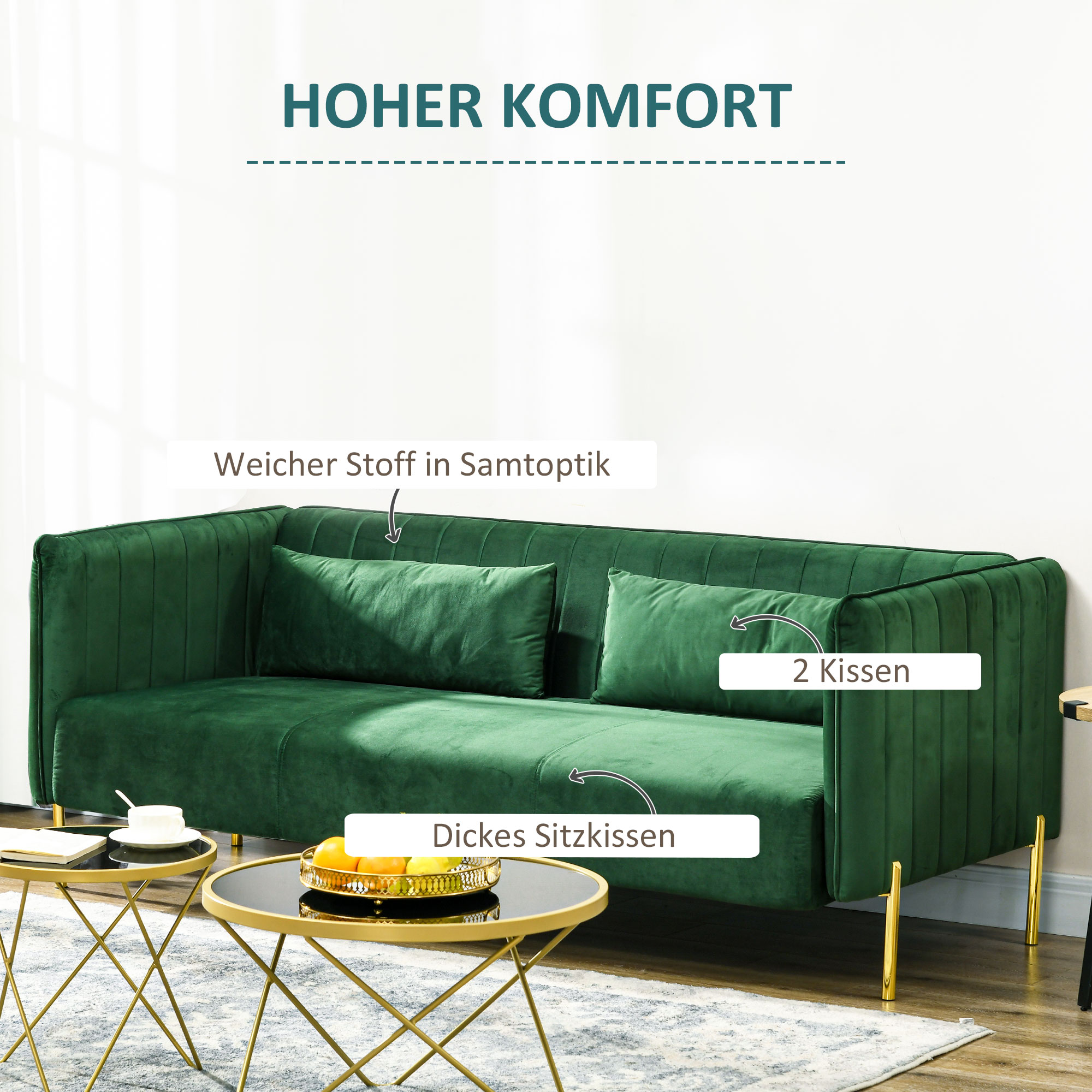 HOMCOM 3-zitsbank, inclusief 2 kussens, fluwelen look, retro design, afneembare hoes, 195 cm x 88 cm x 76 cm groen