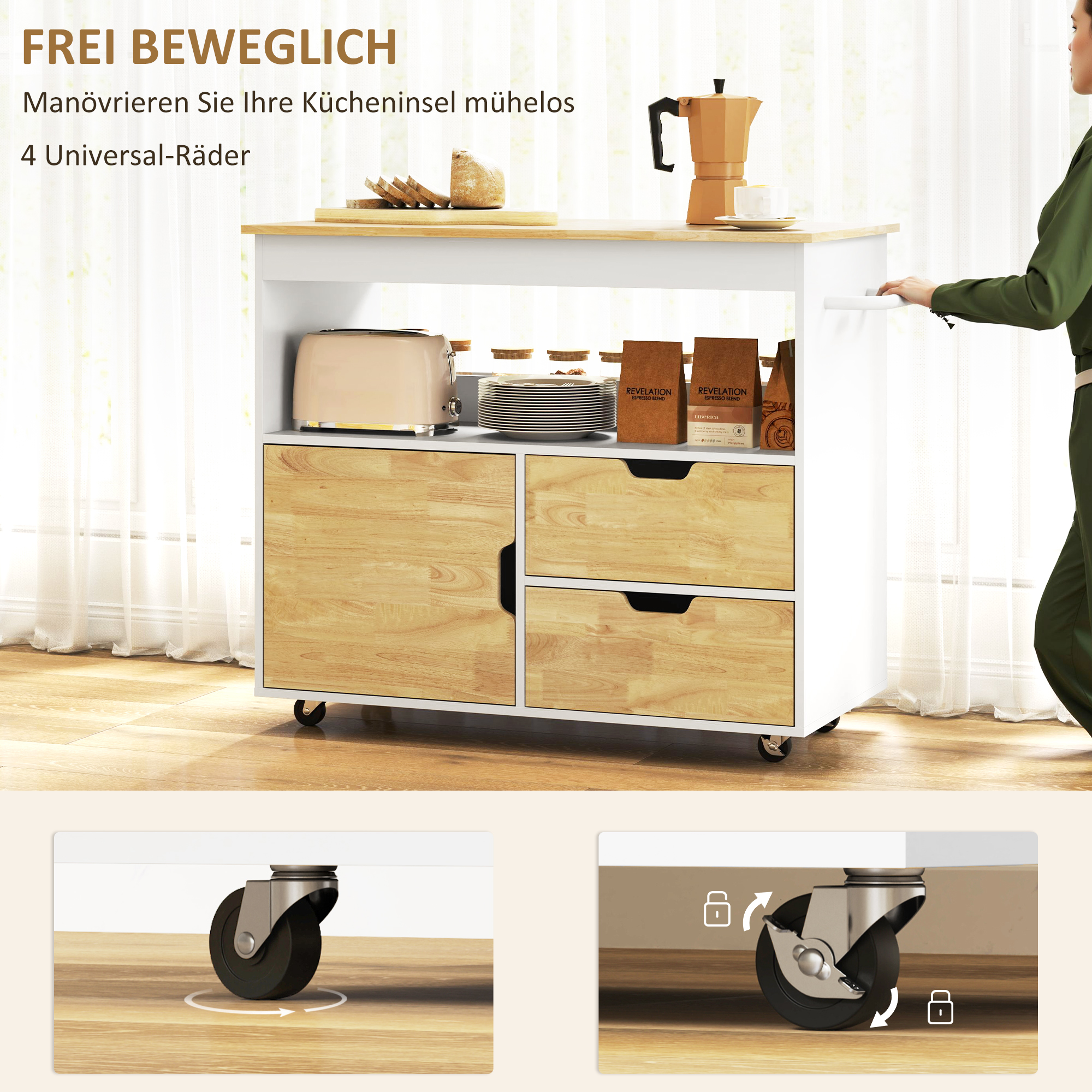 HOMCOM Keukentrolley, Rolbaar Keukeneiland, Keuken-Trolley met Vakken, Kast en Werkblad, Wit