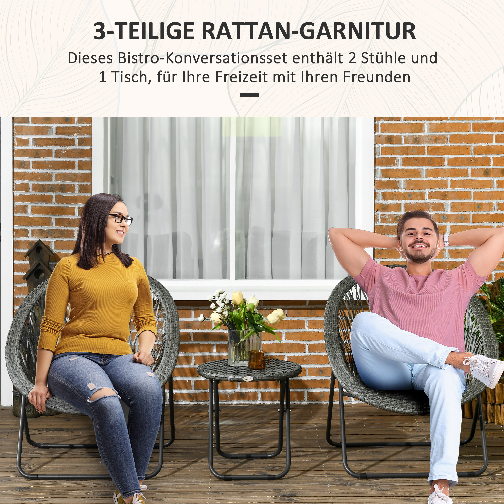 Outsunny Tuinmeubelset, 3-delig, rotanlook, 2 stoelen, 1 tafel, inklapbaar, Grijs