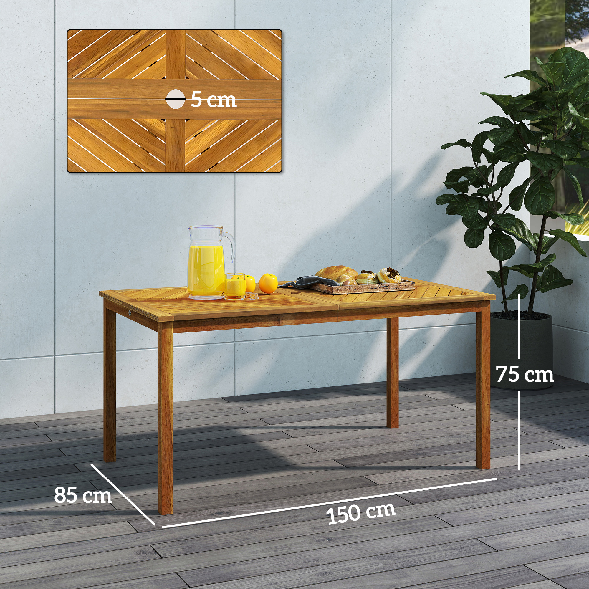 Outsunny Tuintafel inklapbaar 150x85cm, Weerbestendige Balkontafel van Hout, 6-Persoons met Parasolgat, Lamellenontwerp Teak