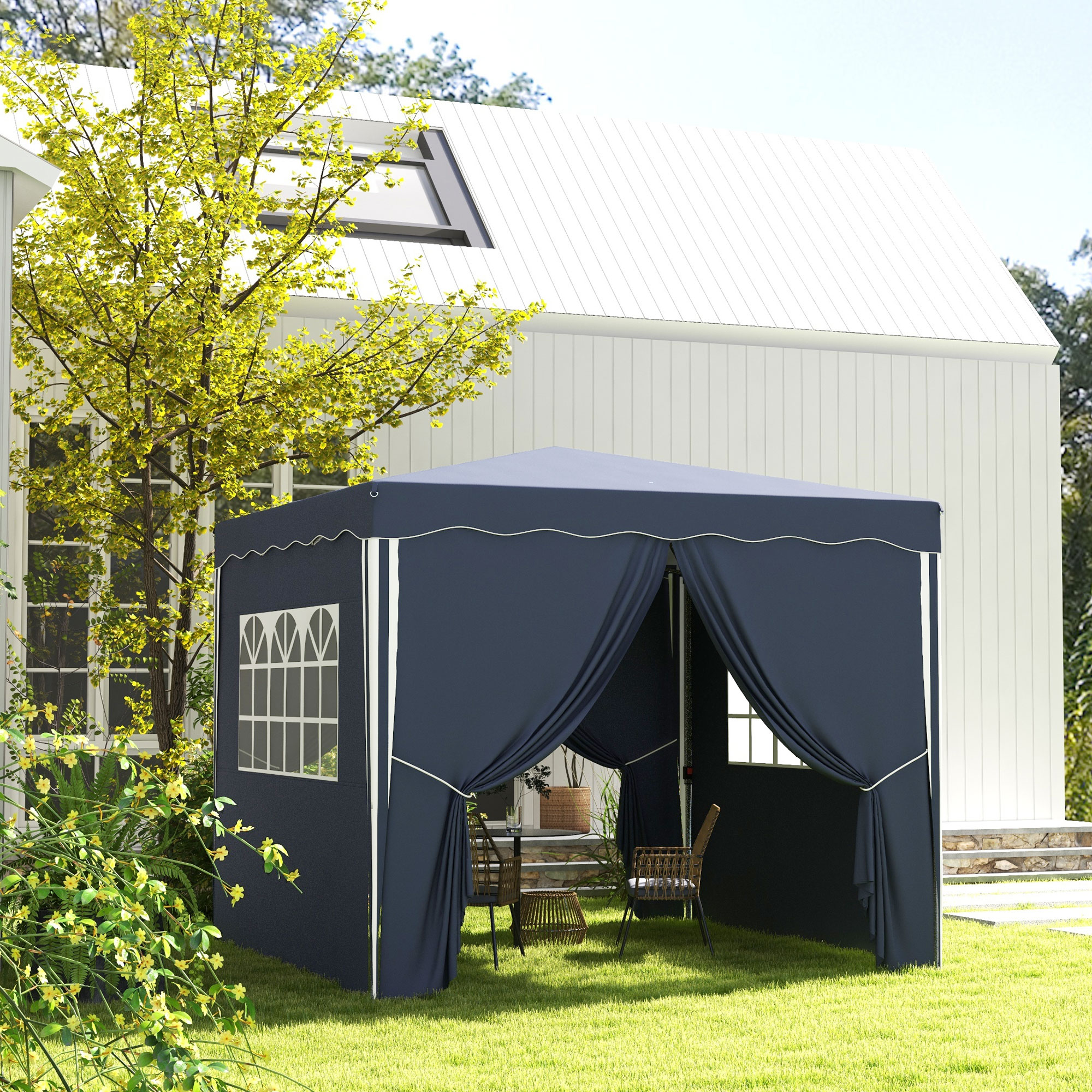 Outsunny Opvouwbare tuinpaviljoen, verstelbaar in hoogte, 2 grote ramen, draagtas, metalen frame, 3x3m, Blauw