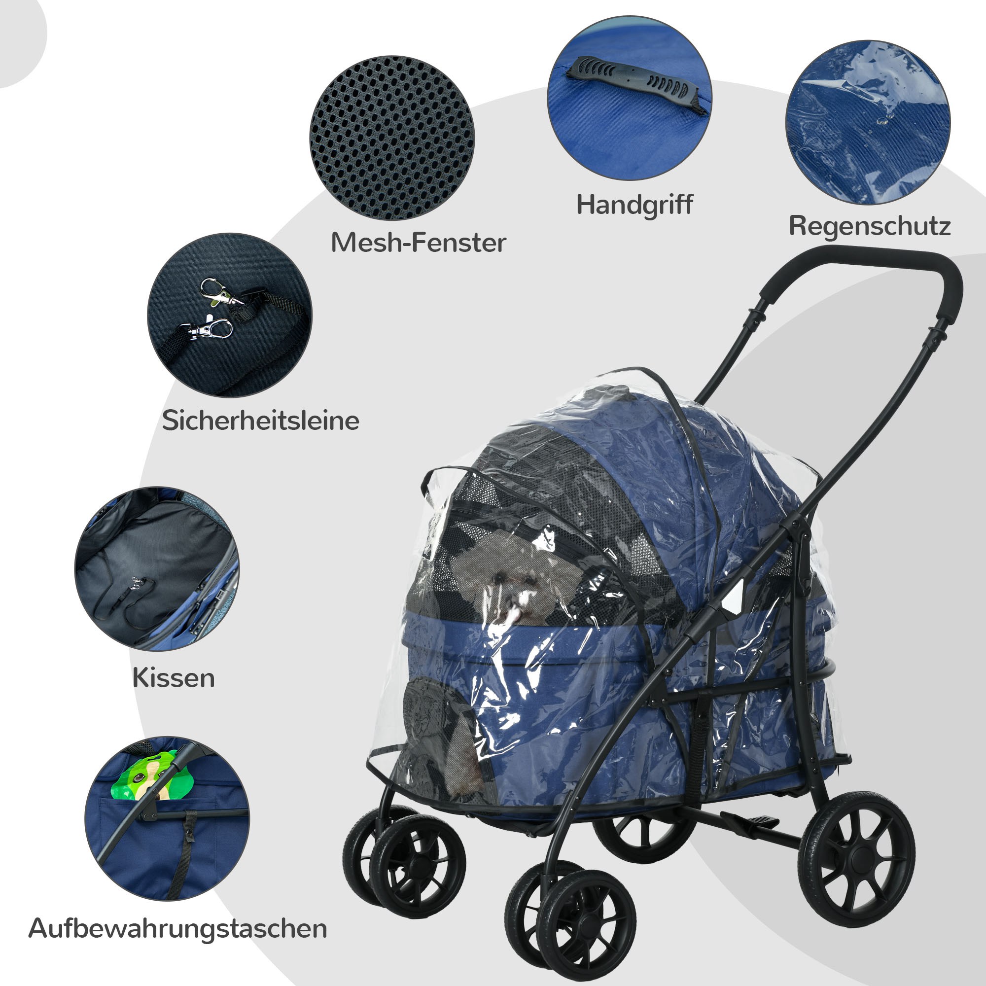 PawHut Hondenbuggy Huisdierkar, inklapbaar, regenbescherming, 2 veiligheidslijnen, 81x 68 x 98,5 cm, Donkerblauw
