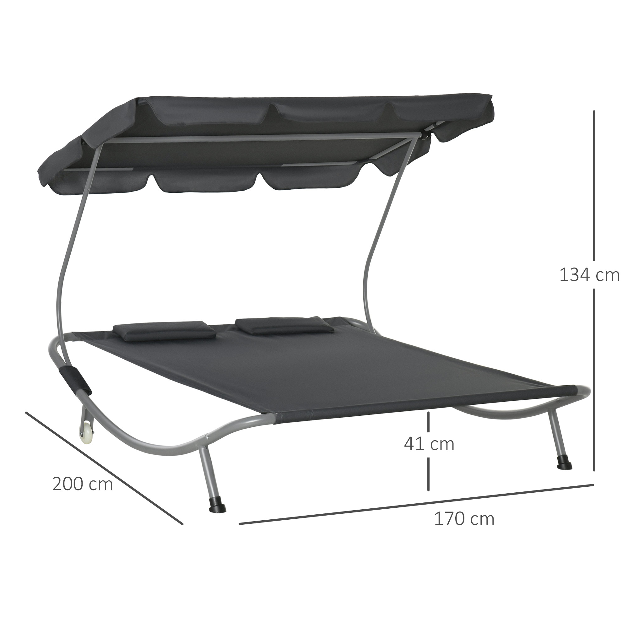 Outsunny Dubbele ligbank ligbed relax lounger met zonnedak rolbaar staal crèmewit / grijs