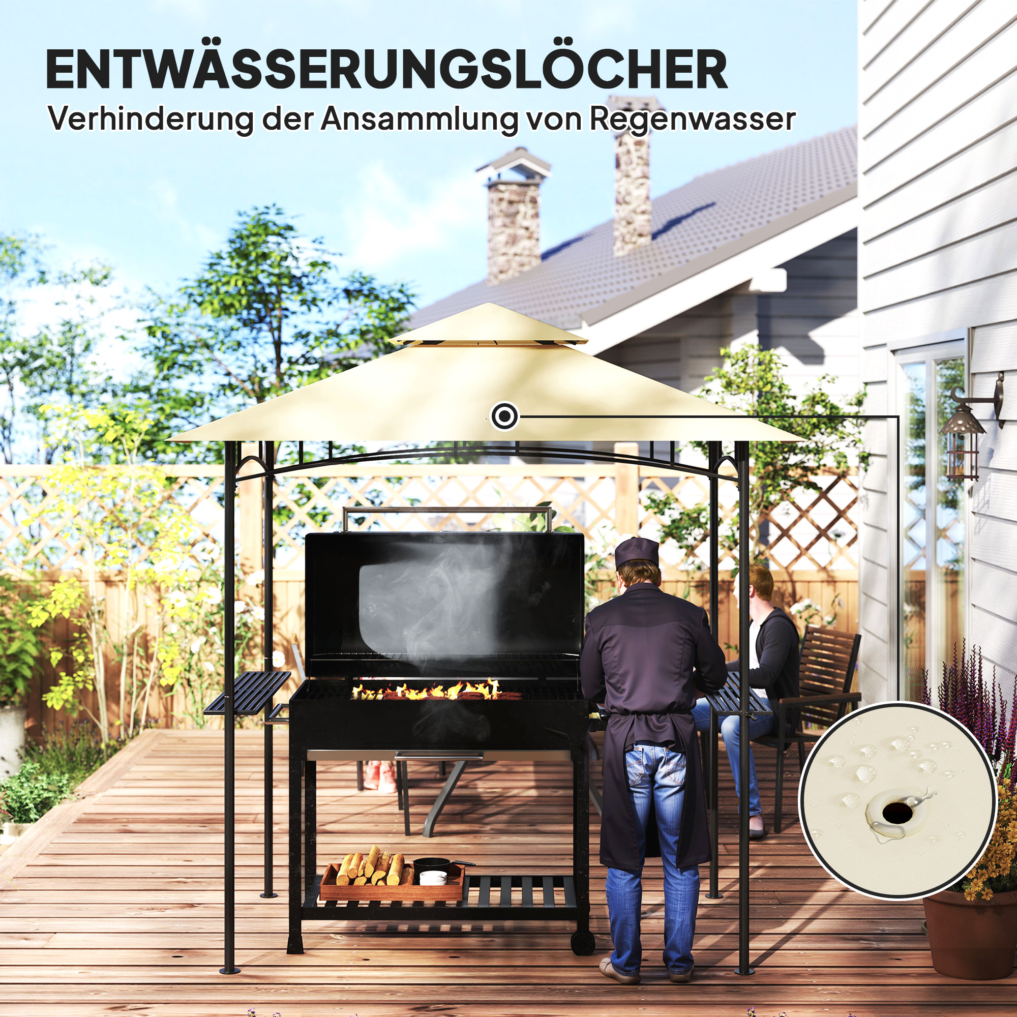 Outsunny Grillpaviljoen met LED 240 x 150 x 258 cm Waterafstotend Vlamvertragend Tuinpaviljoen met Dubbellaagse Overkapping