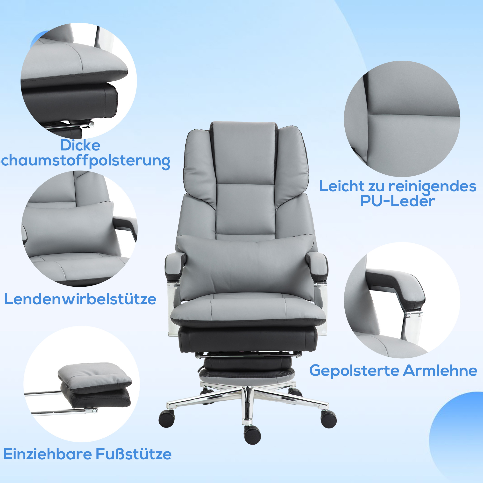 HOMCOM Ergonomische Verstelbare Bureaustoel, 63x71x123-129cm, Lichtgrijs/Zwart