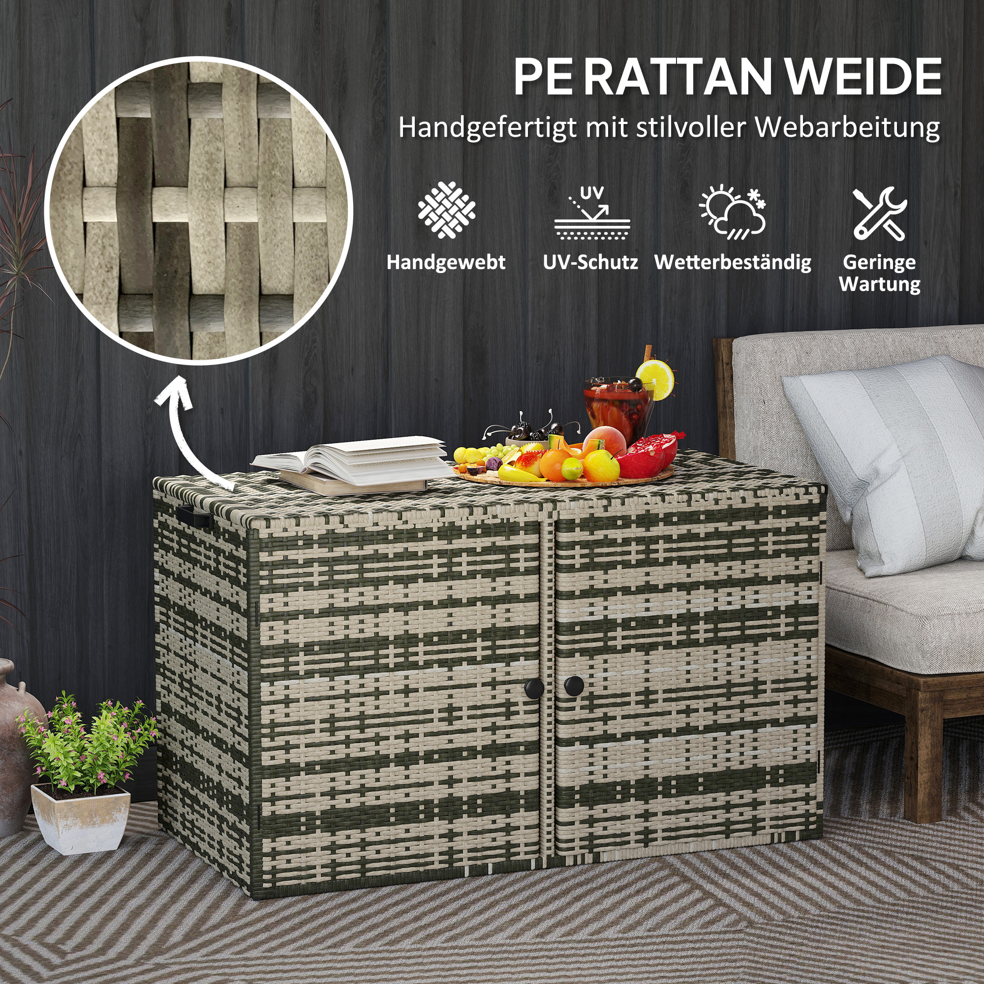 Outsunny Rattan Opbergbox 350L Tweelaags Kussenbox met Deksel Hefstangen Handgrepen 118 x 57 x 69 cm Gemengd Grijs