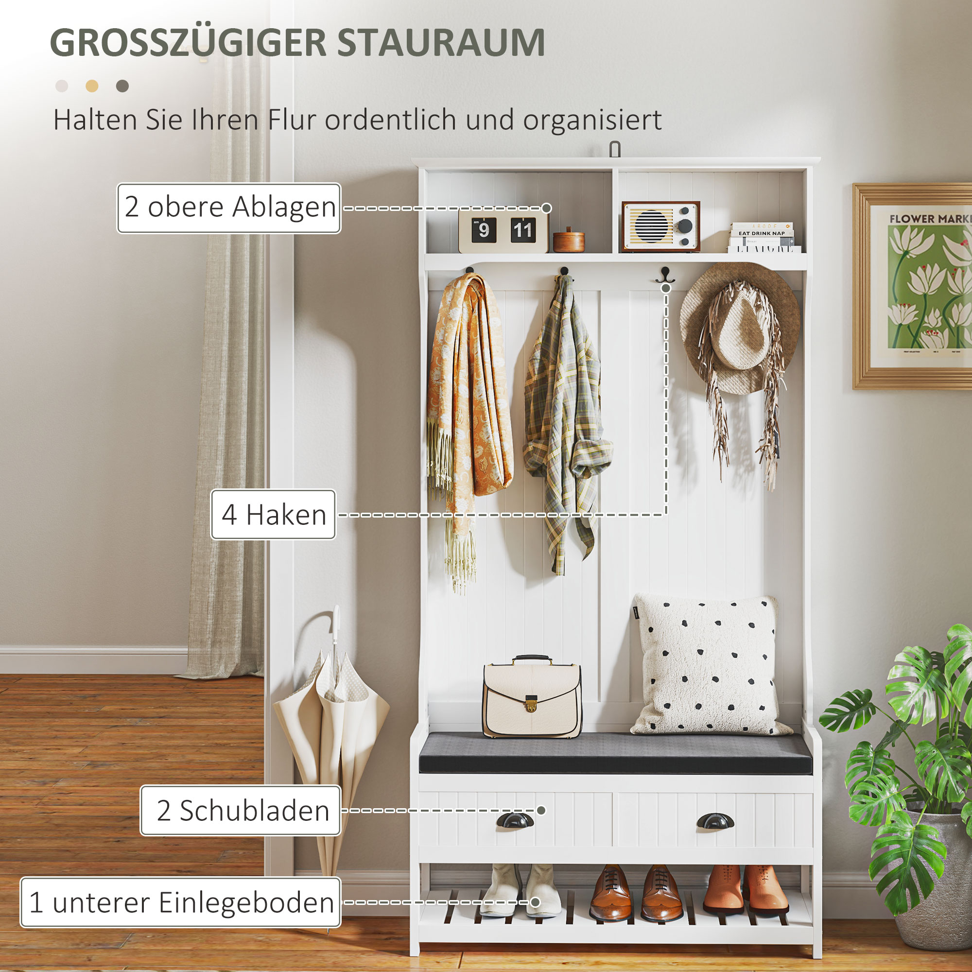 HOMCOM Kapstok met Haken, Garderobe met Schoenenbank, voor Entree, Hal, Metaal, MDF, Wit+Grijs