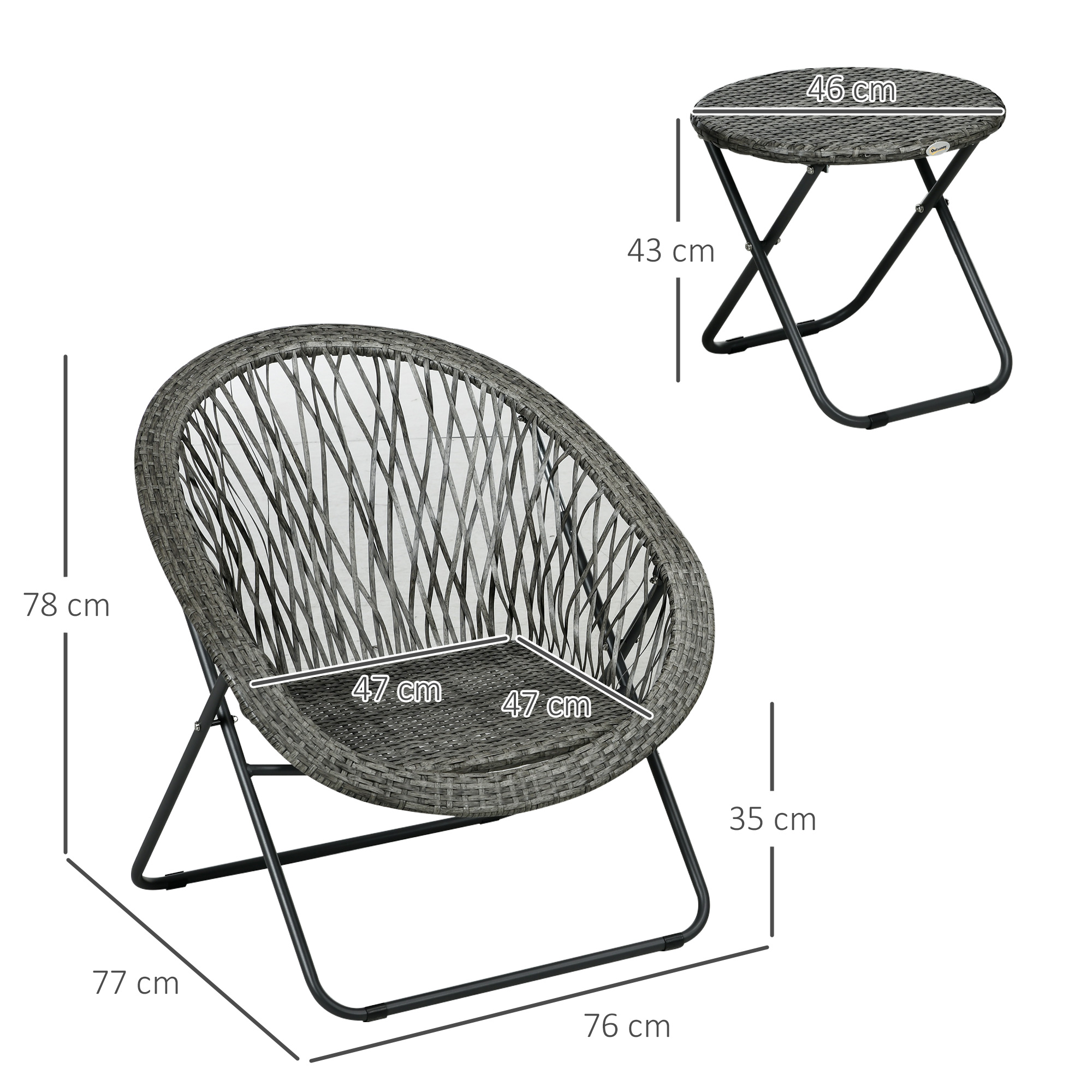 Outsunny Tuinmeubelset, 3-delig, rotanlook, 2 stoelen, 1 tafel, inklapbaar, Grijs
