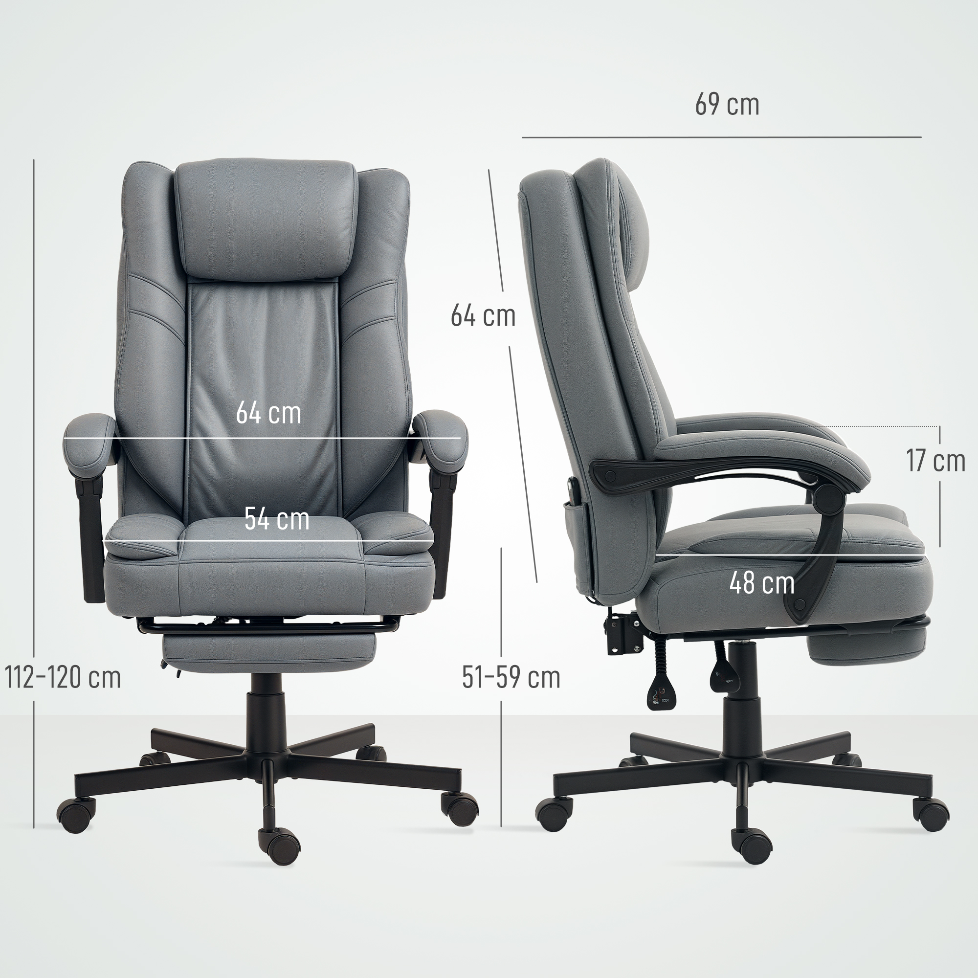HOMCOM Bureaustoel met Massagefunctie, In Hoogte Verstelbaar en Kantelbare Rugleuning, Gepolsterd, Op Wielen, Grijs
