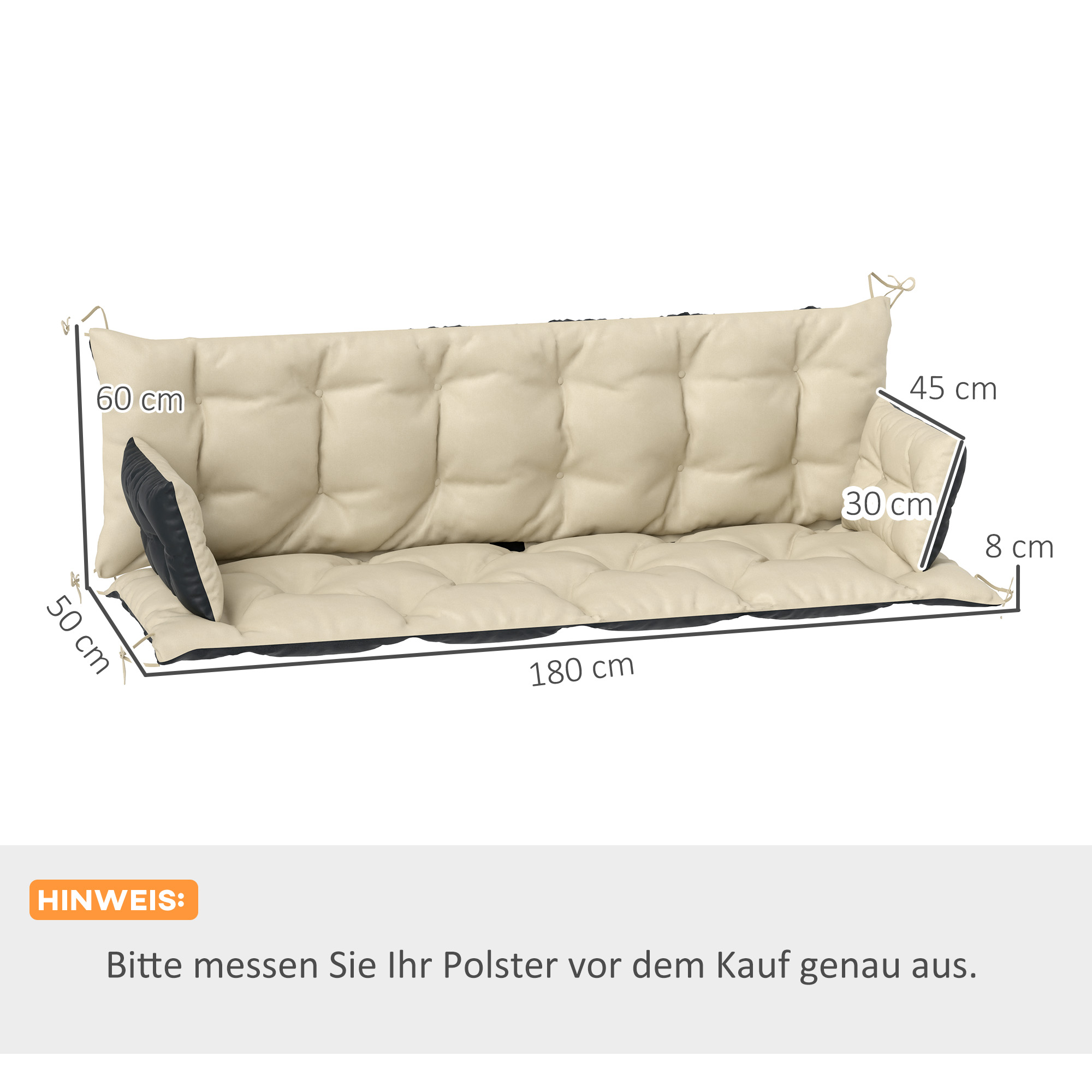 Outsunny Tuinbankkussen-Set voor Bank of Hollywoodschommel, Tweekleurig, Polyester, Schuim, 180 x 110 x 8 cm, Beige