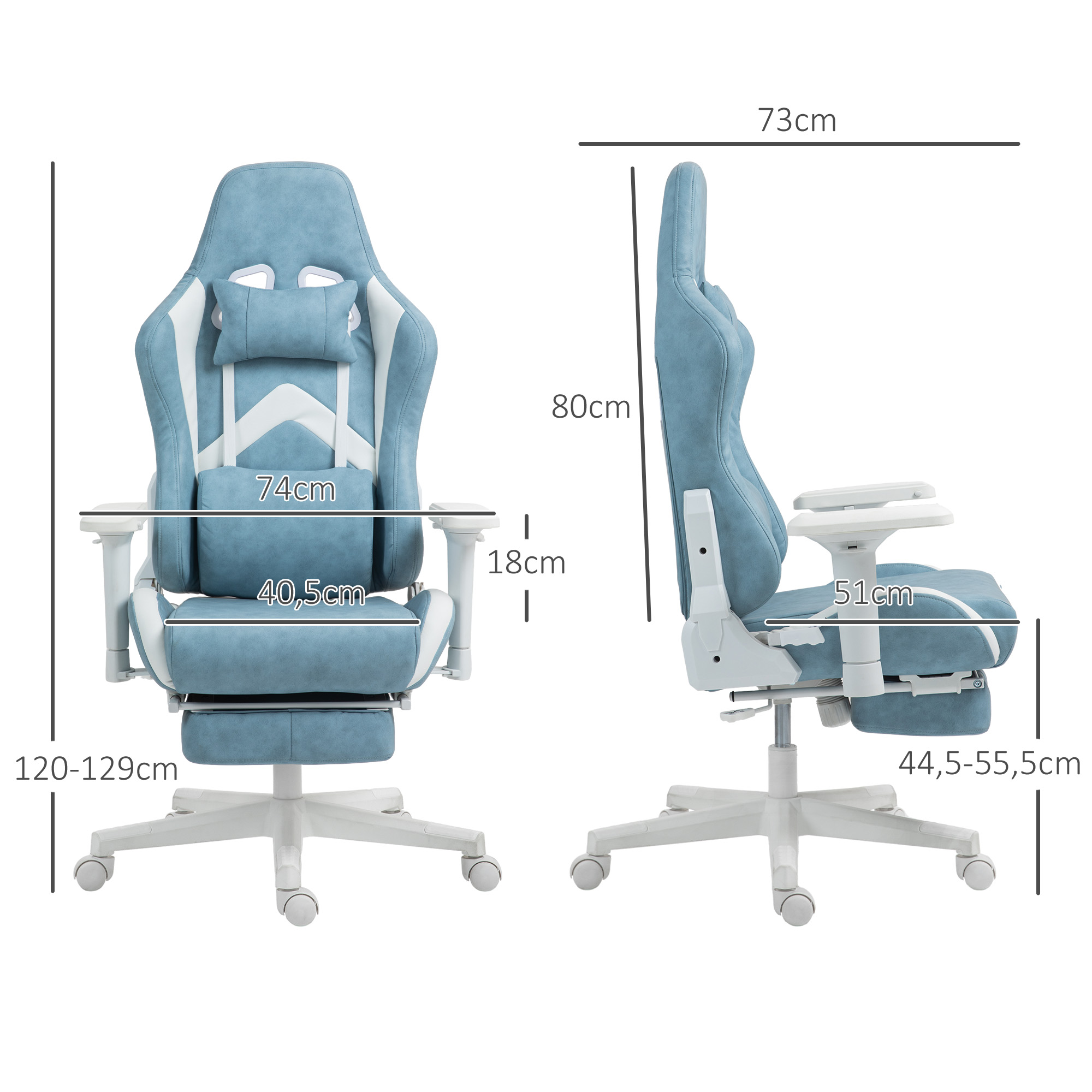 HOMCOM Gamingstoel, Verstelbare Armleuningen & Rugleuning, Kunstleren Bekleding, Tot 120 kg, Blauw