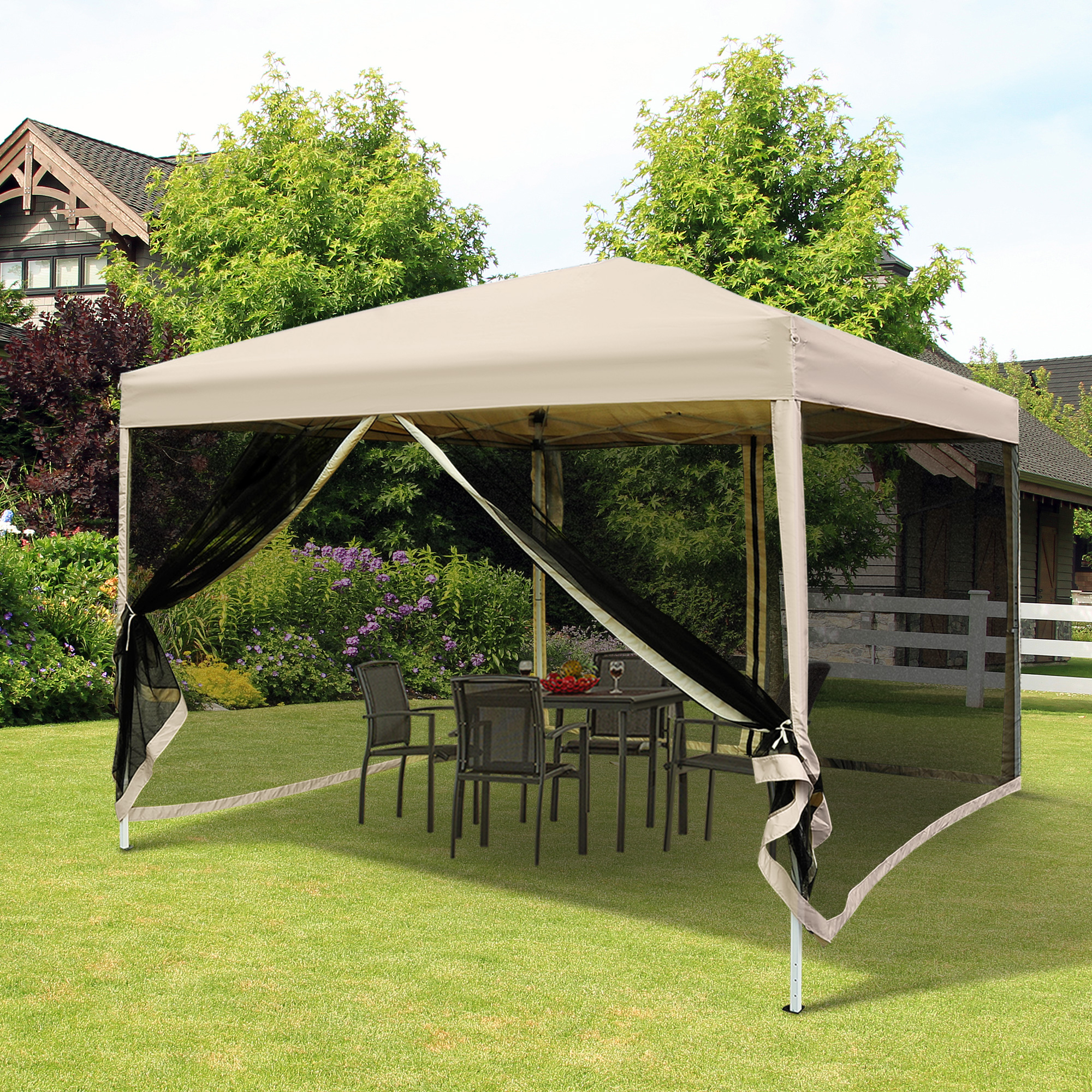 Outsunny Paviljoen partytent 3 x 3 m opvouwbare tent partytent met zijwanden staal beige