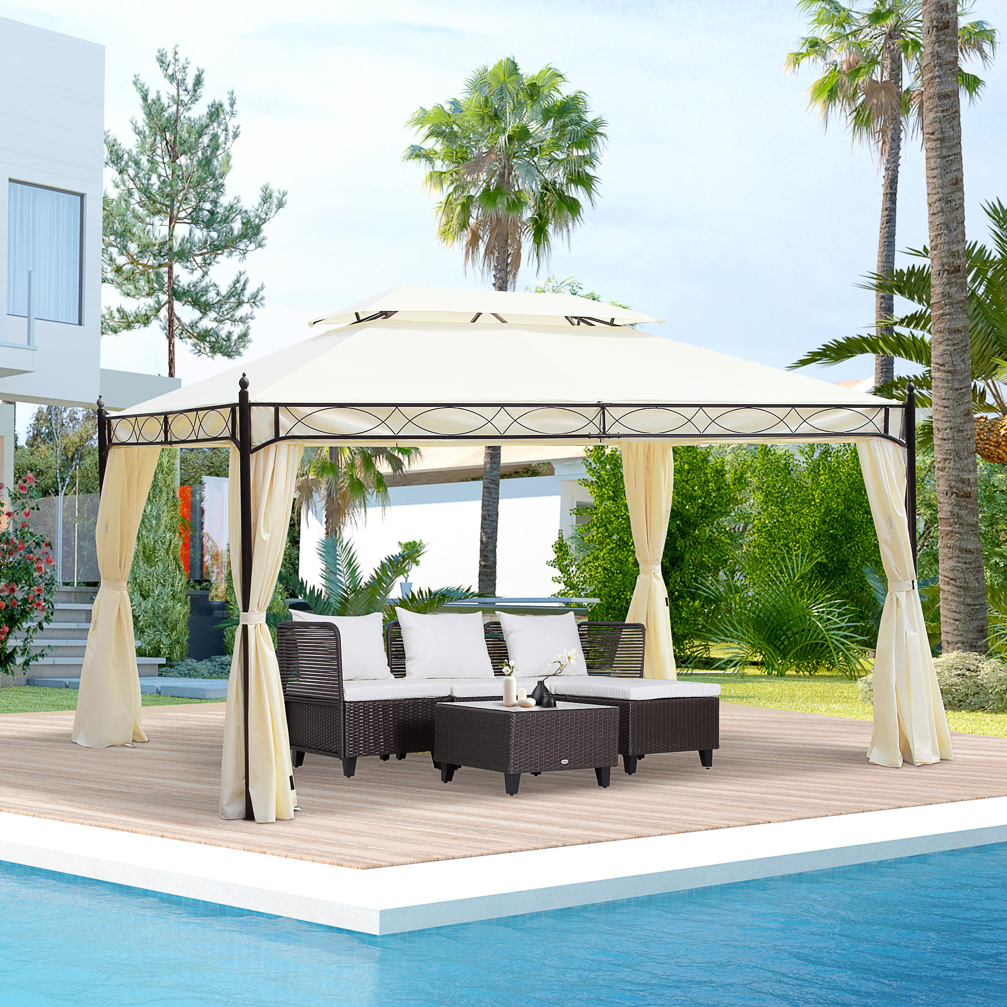 Outsunny Paviljoen tuinpaviljoen feest partytent dubbel dak tuintent 3 x 4 m Wit