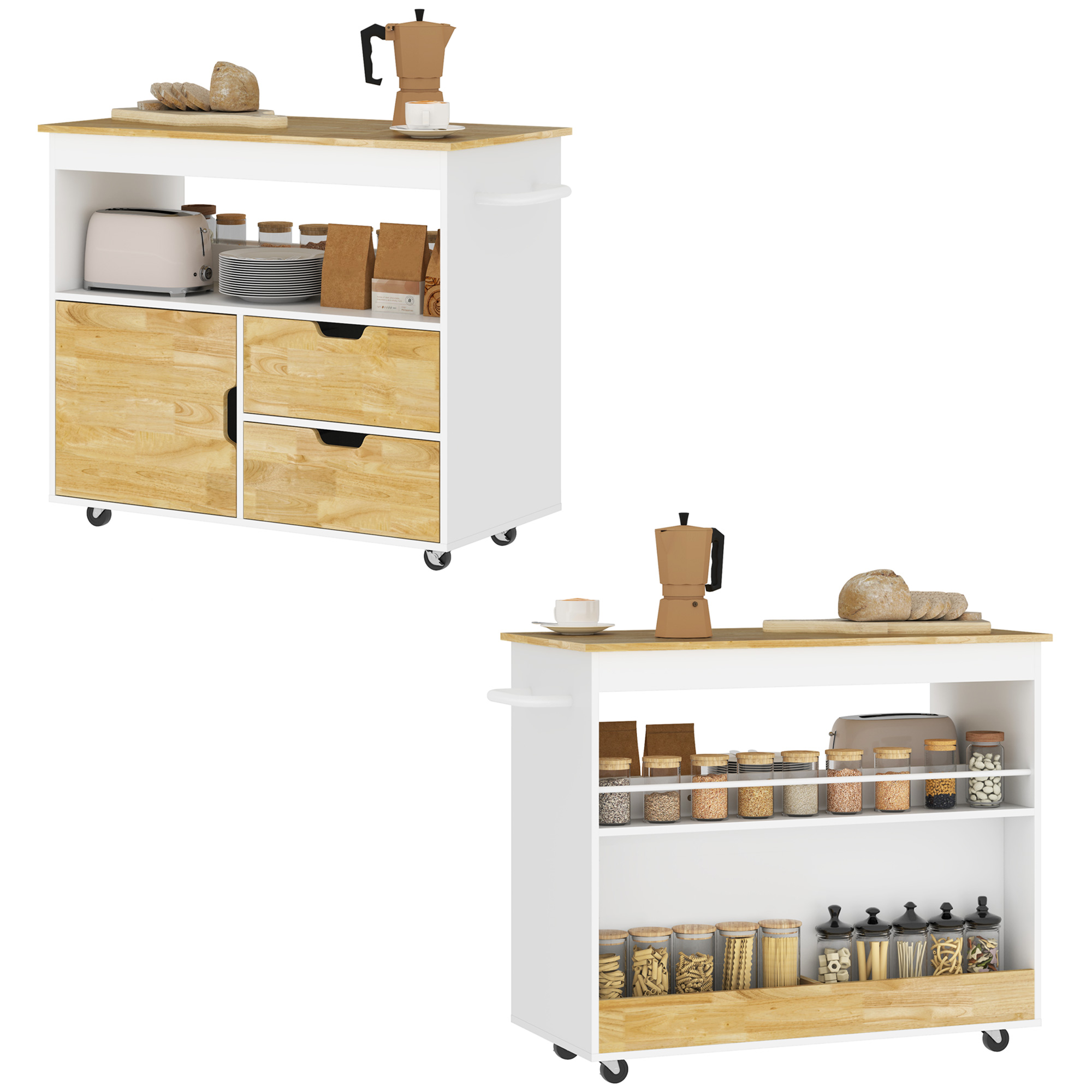 HOMCOM Keukentrolley, Rolbaar Keukeneiland, Keuken-Trolley met Vakken, Kast en Werkblad, Wit