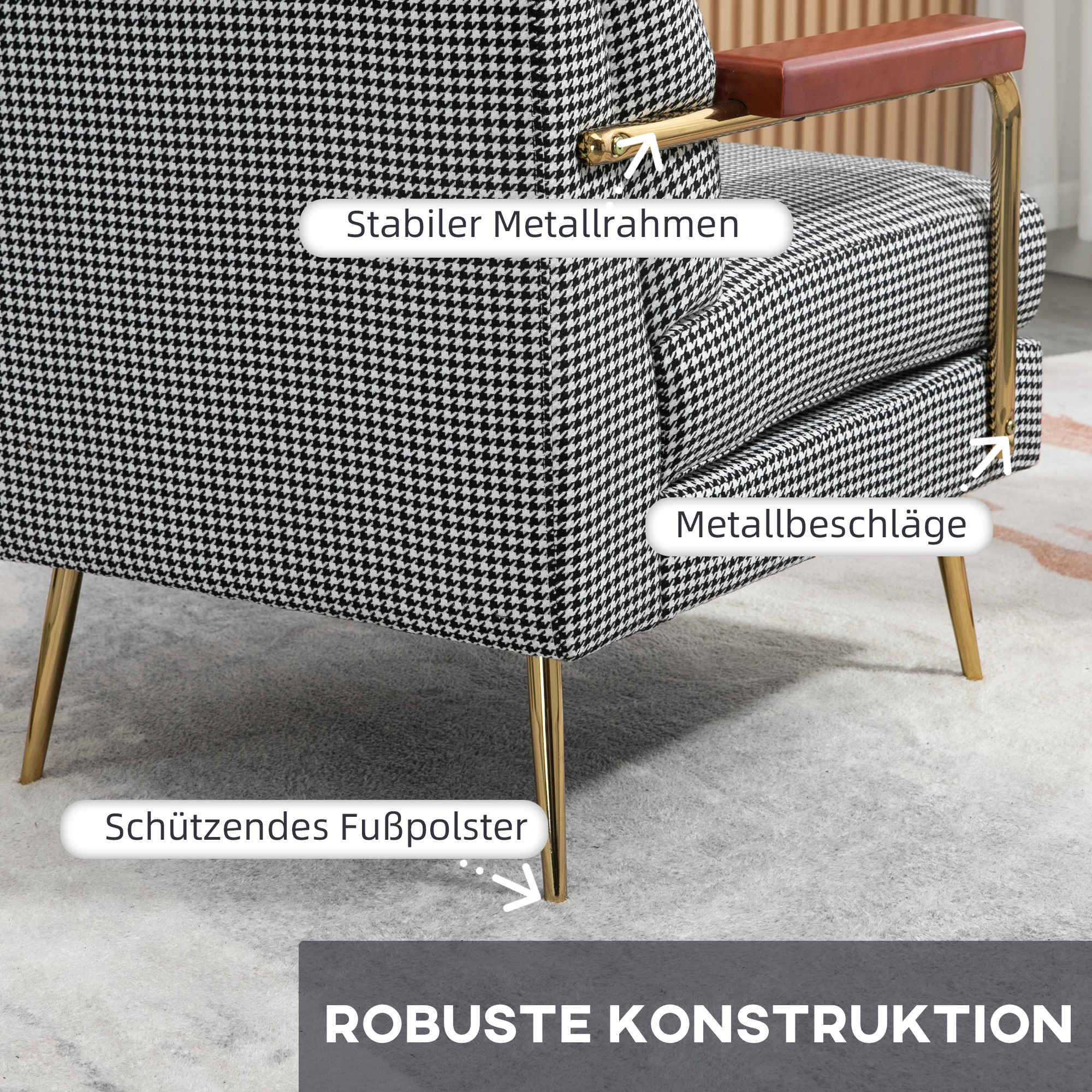 HOMCOM Fauteuil in retrodesign, accentstoel, pied-de-poulepatroon, houten elementen, binnenvering, zwart+wit