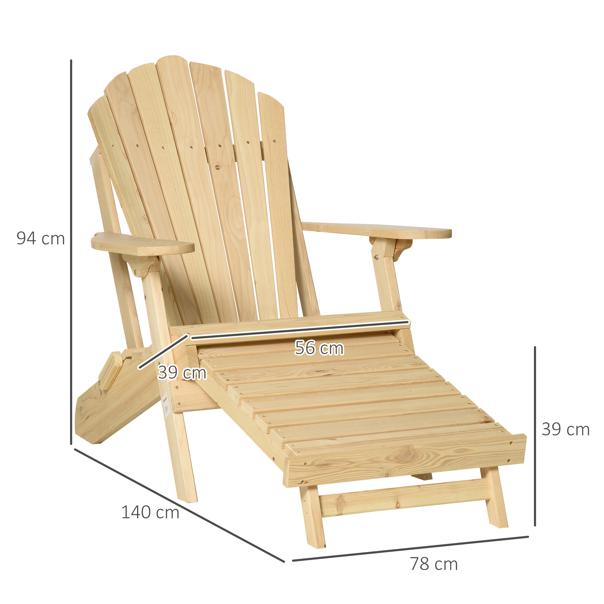 Outsunny Adirondack Tuinstoel met Voetensteun Opvouwbaar Ligstoel Buitenmeubilair Grenenhout Natuur 78 x 140 x 94 cm