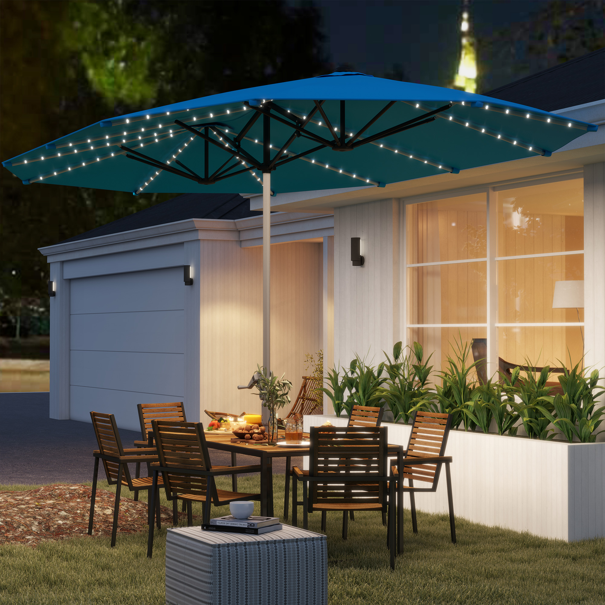 Outsunny Dubbele Parasol met Zonne-energie Verlichting, Aluminium, Polyester, UPF50+ Bescherming, UV-bestendig, Terrasparasol, Blauw