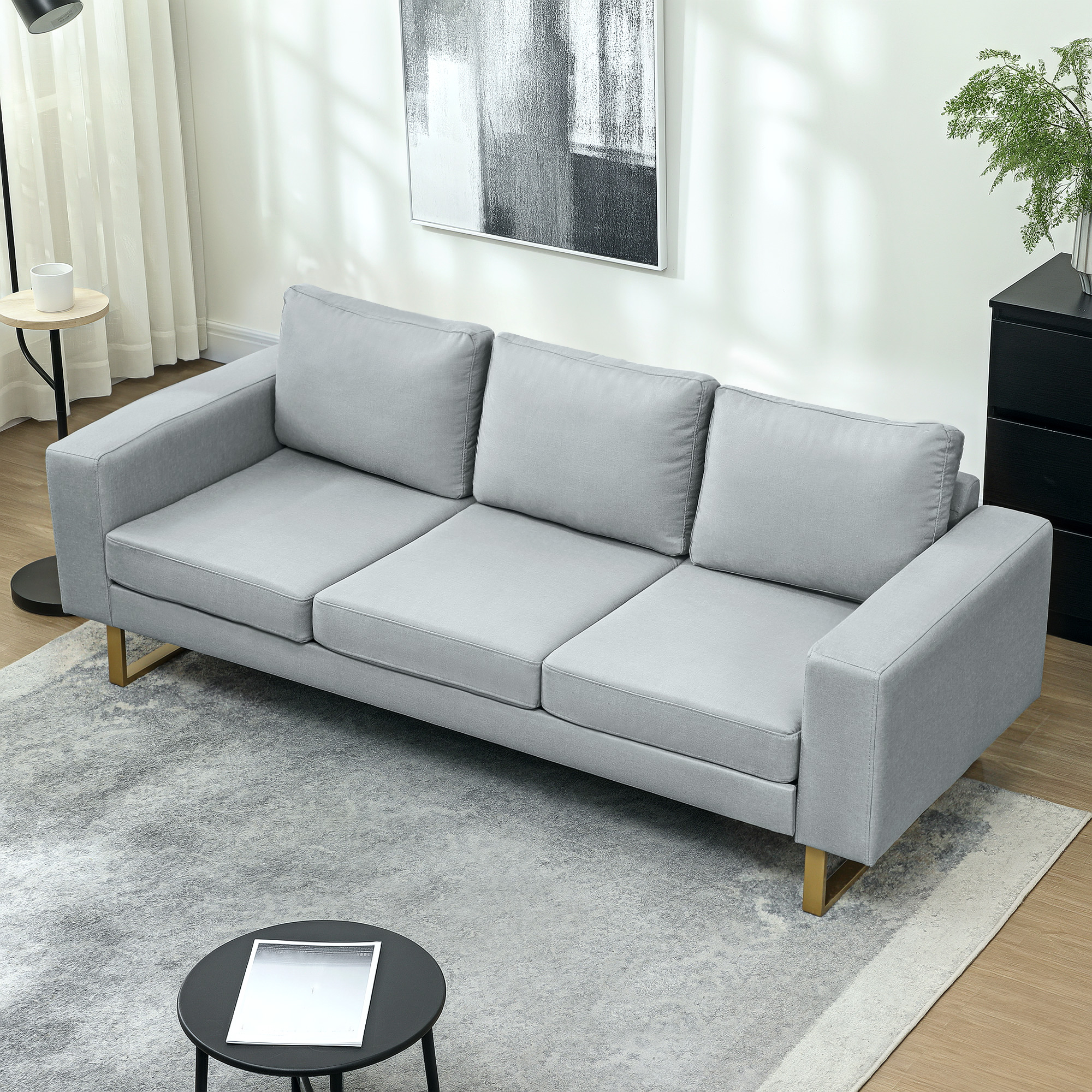 HOMCOM 3-Zitsbank, Bank met Houten Frame, Metalen Poten, Eenvoudig Ontwerp, Lichtgrijs