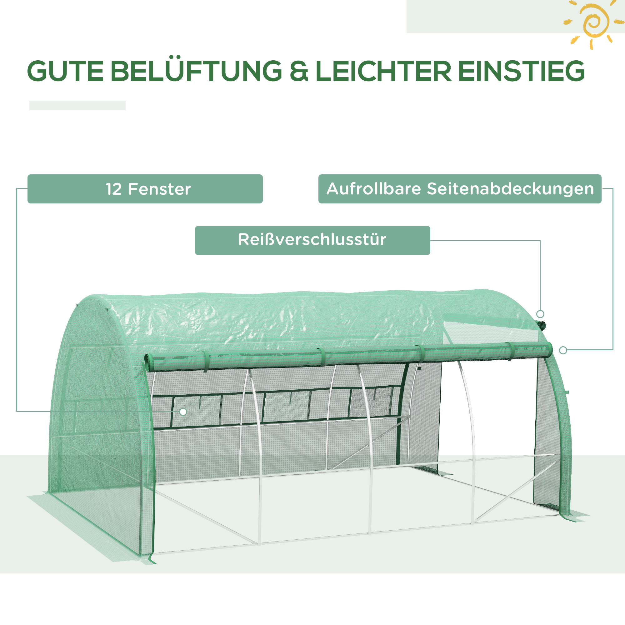 Outsunny Bezoekbare Foliekas, Tuinkas, met Netramen, Metalen Frame, 4x3x2m, Groen