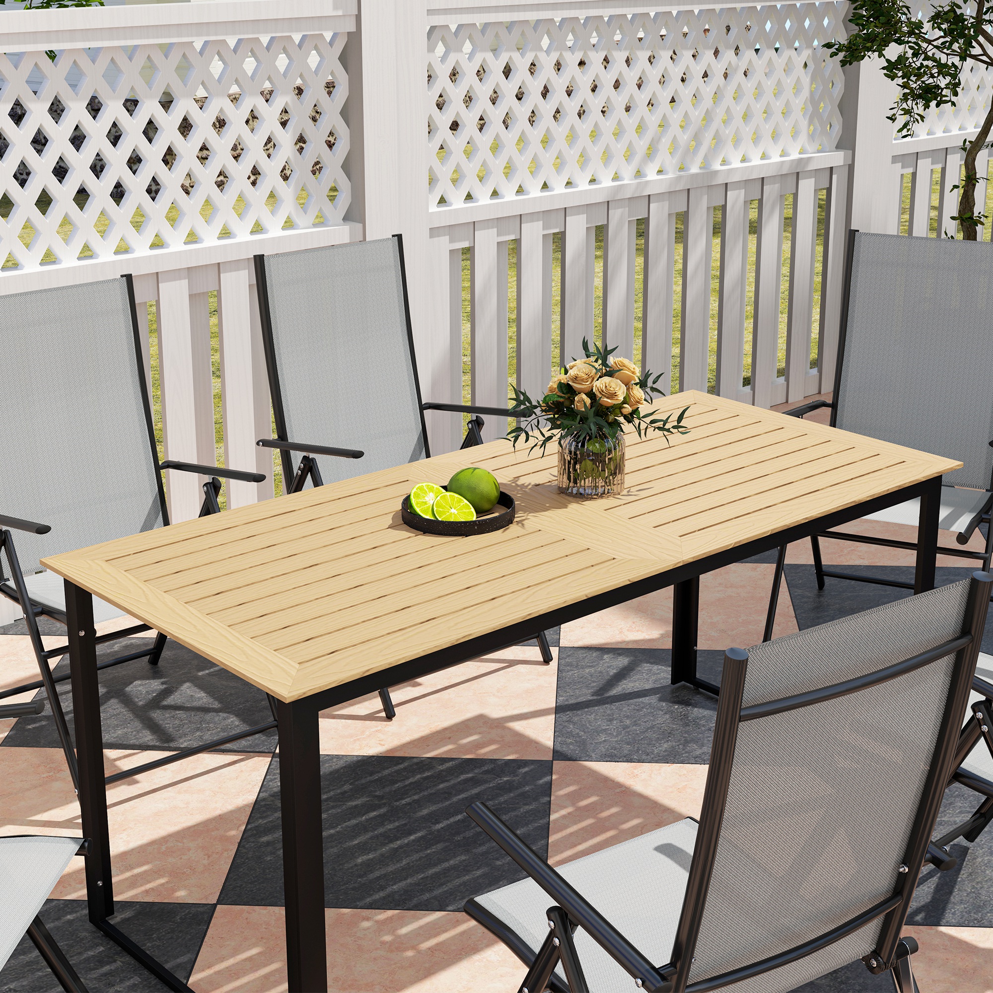 Outsunny Tuintafel Metaal 175x78 cm Weerbestendig Balkontafel met Houtlook, Anti-slip Eettafel Zwart