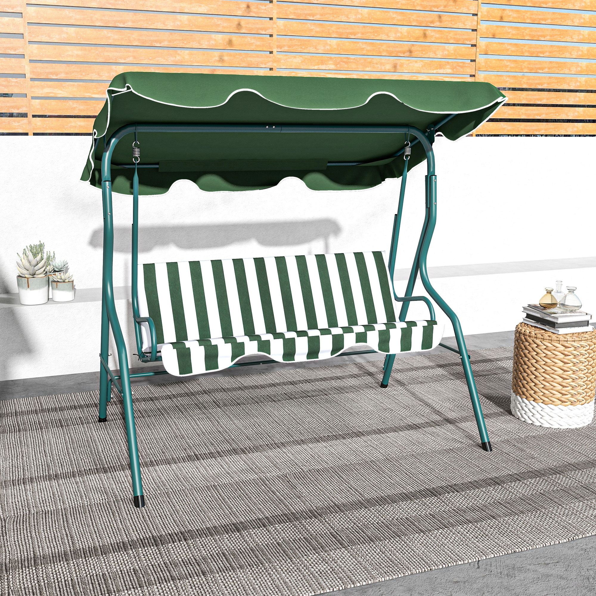 Outsunny 3-zits Hollywoodschommel Tuinligbed Schommelbank, weerbestendig, 172 cm x 110 cm x 153 cm, Groen + Wit
