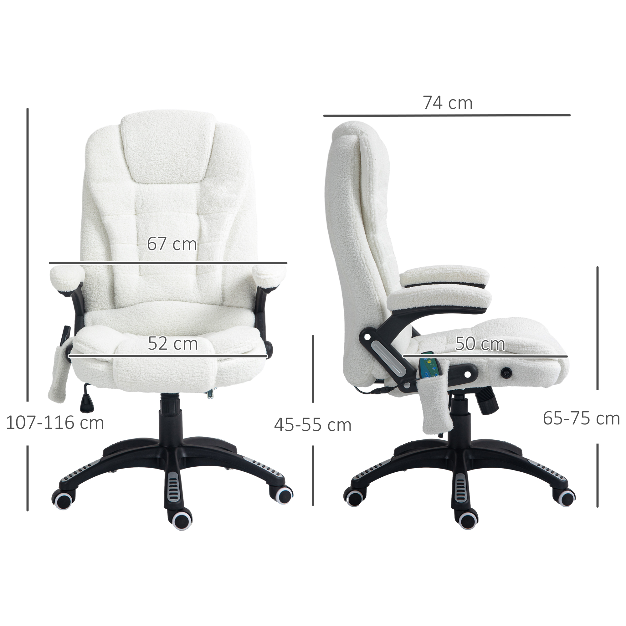 Vinsetto Bureaustoel met massagefunctie, verstelbaar in hoogte, 67 x 74 x 107-116 cm, wit