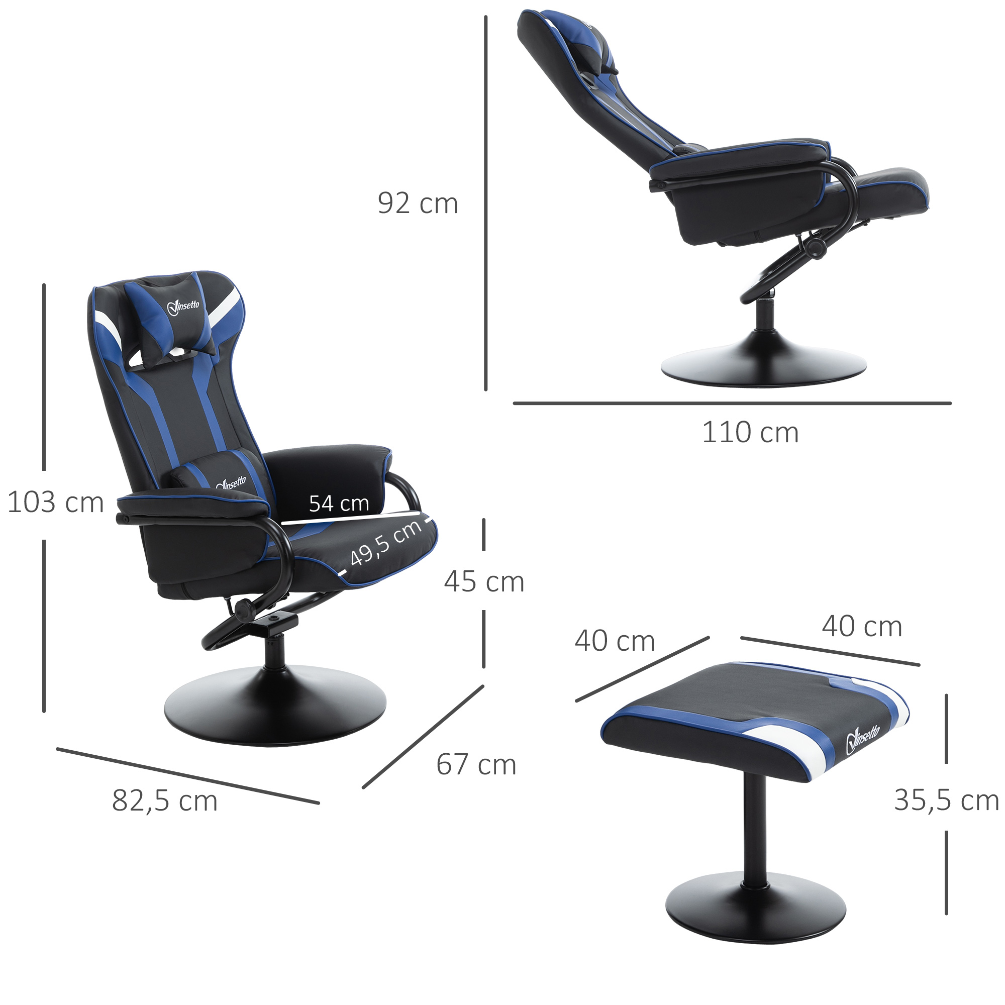 Vinsetto Fauteuil met voetenbank, inclusief hoofdsteun en lendenkussen, rugleuning verstelbaar tot 130°, donkergrijs+blauw