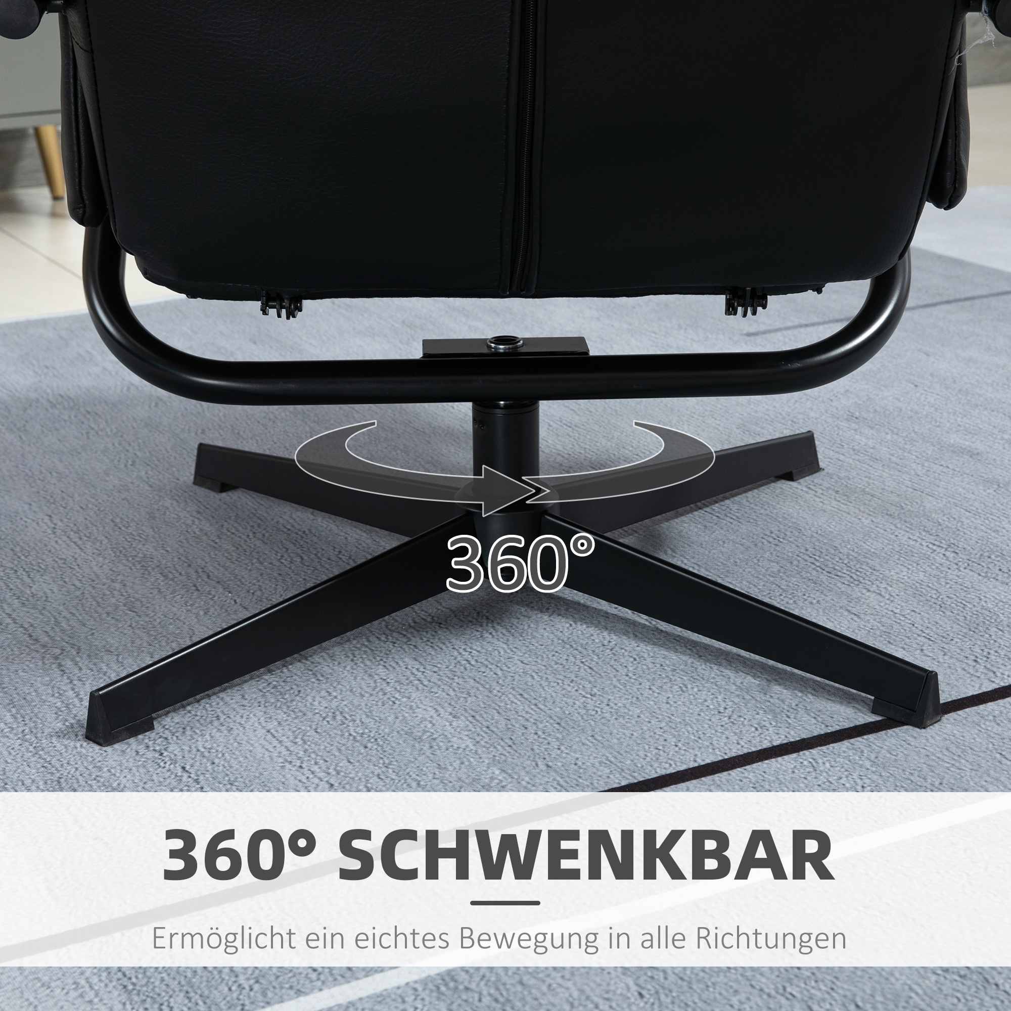Homcom relaxfauteuil met kruk, draaibaar, verstelbare rugleuning, stalen frame, zwart