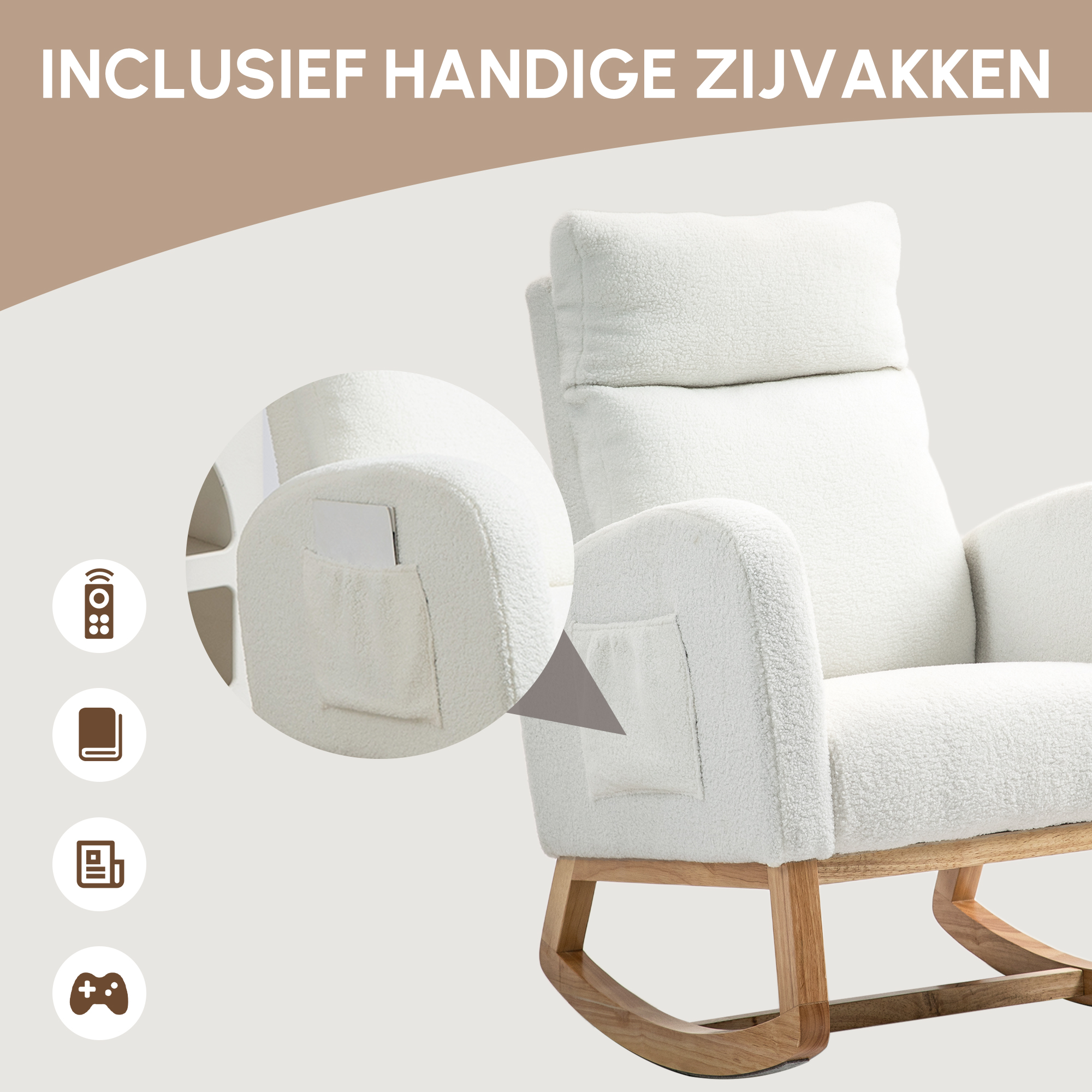 HOMCOM Schommelstoel, Relaxstoel, Dikke Vulling, Knusse Bekleding, Houten Frame, tot 120 kg Draagvermogen, Crèmewit