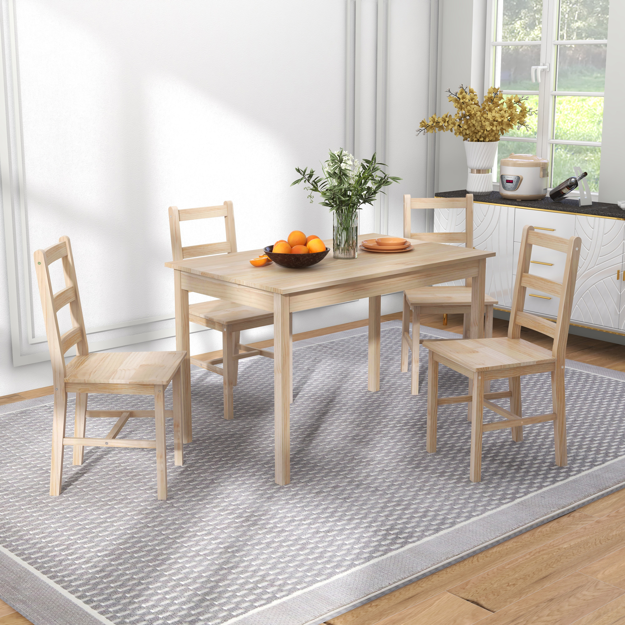 HOMCOM 5-delige Eetgroep Eettafel met Stoelen Zitgroep, Massief Hout, 118 cm x 73 cm x 75 cm, Natuur