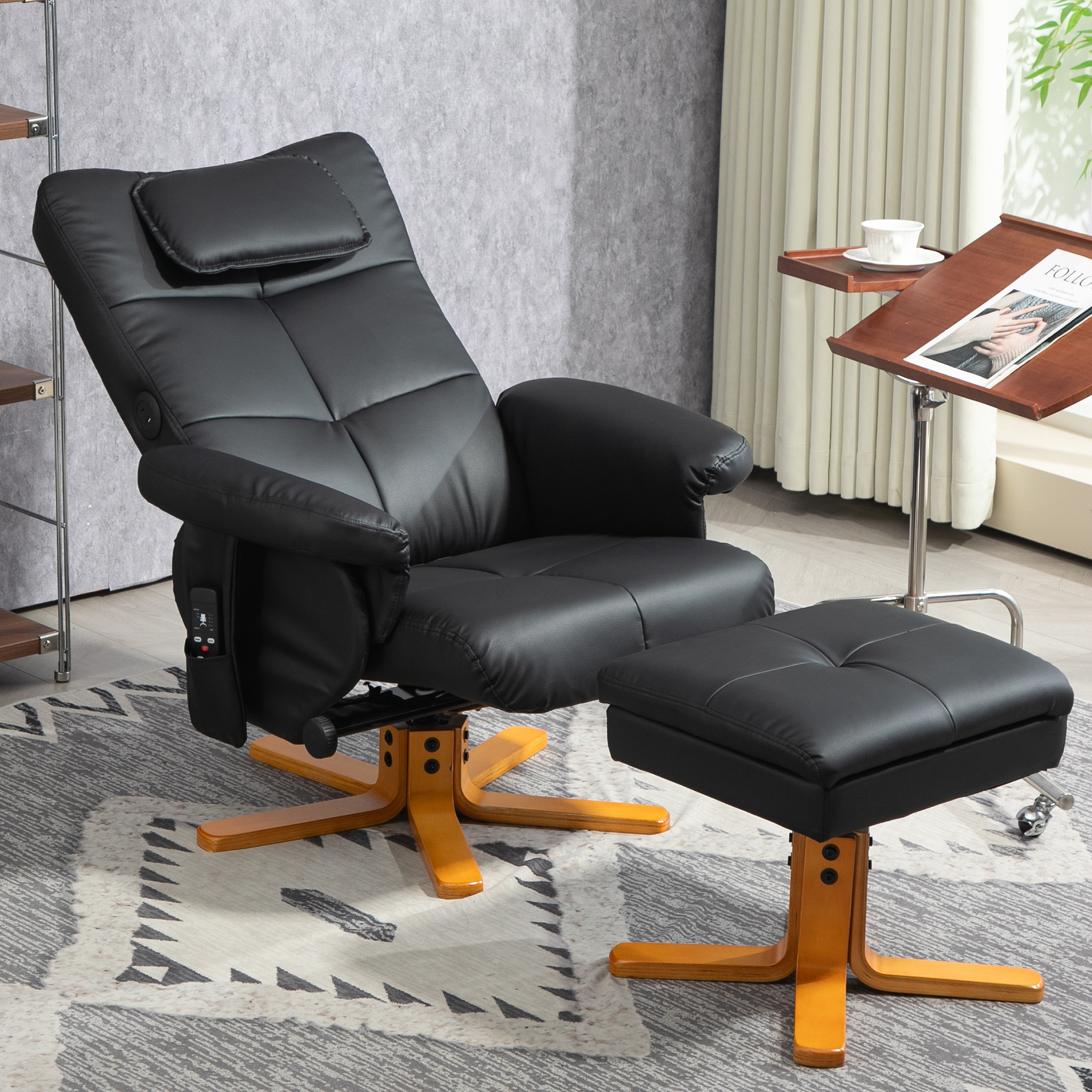 HOMCOM Massagestoel met Kruk, Verstelbare Rugleuning, USB-laadpoort, Lederlook, tot 150 kg, Zwart