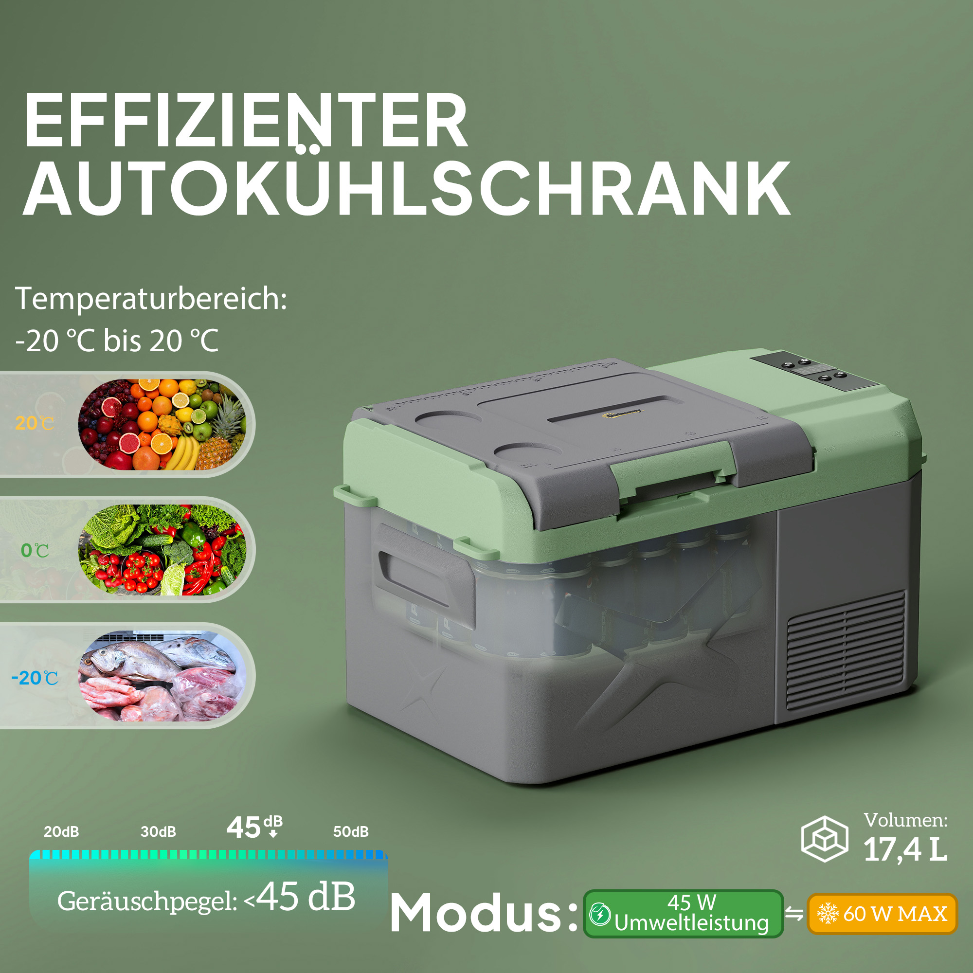 Outsunny 24,2 Liter Campingkoelkast, Autokoelkast, Koelbox met LED-Licht, AC- en DC-Adapters, Stille Werking, Grijs+Groen