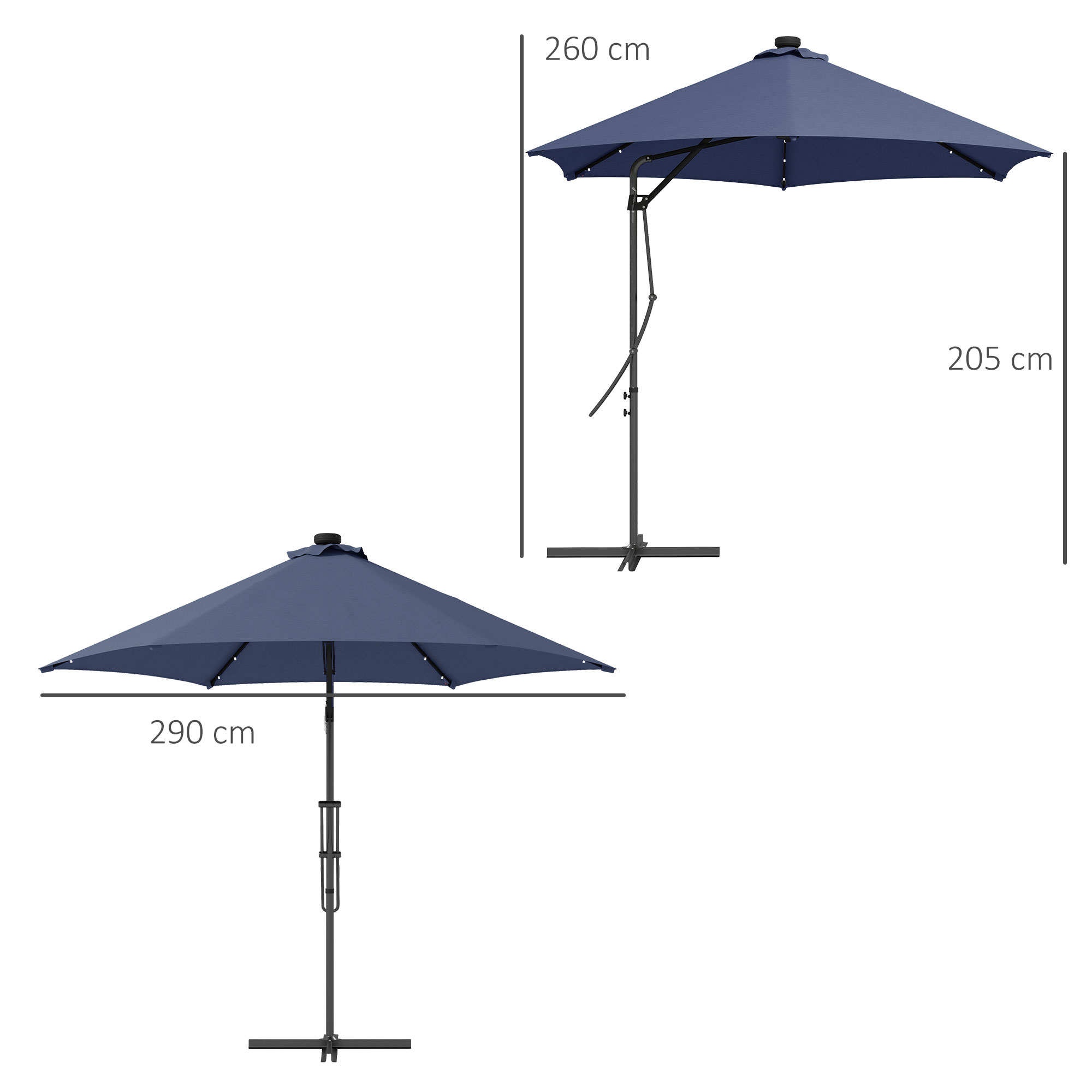 Outsunny Tuinparasol, zweefparasol, LED's, zonnepaneel, weerbestendig, inclusief beschermhoes, Ø290 x 260 cm, donkerblauw