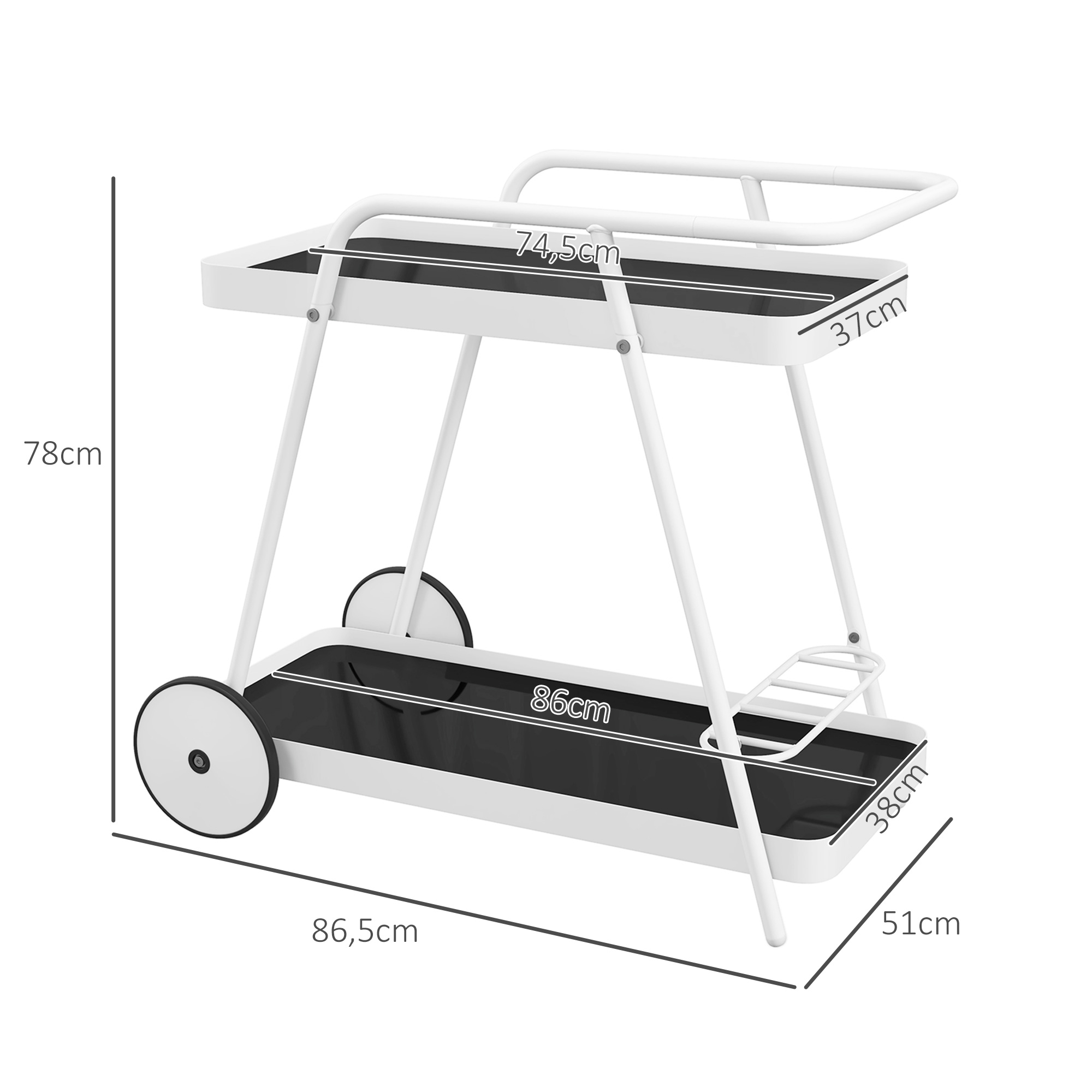 Outsunny Buitenserveerwagen, 2-laags, wijnrek, stalen frame, 86,5 x 51 x 78 cm, Zwart/Wit