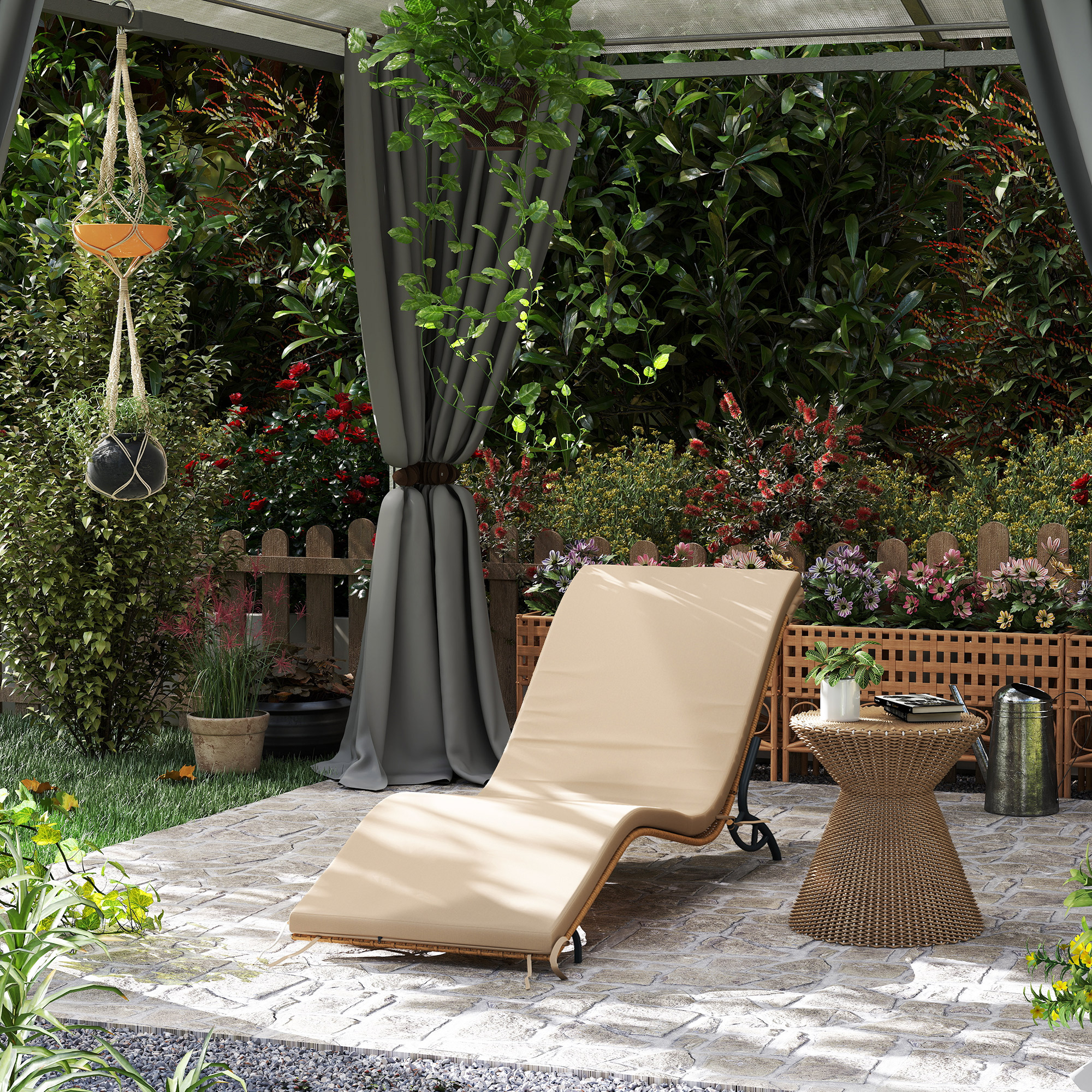Outsunny Zonnebed Polyrattan Tuinbed met Kussen, Weerbestendig Ligbed 120 kg Draagvermogen 166 x 63 x 76 cm Beige