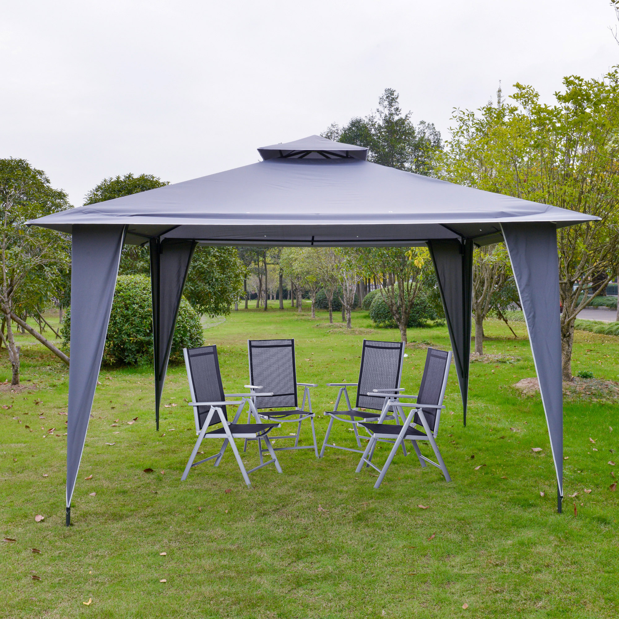Outsunny dubbel dak tuinhuisje, metalen frame, grijs, 3,5 x 3,5 x 2,7 m