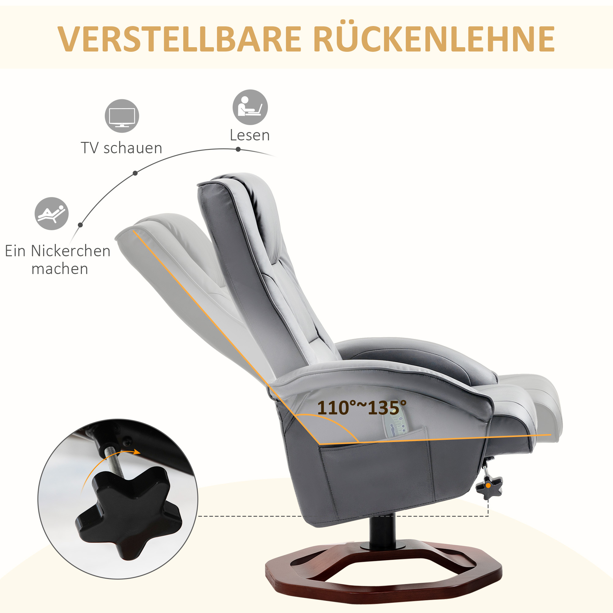 HOMCOM Massagestoel met Voetenbank, Verstelbaar, Afstandsbediening, Draaibaar, Leatherlook, tot 150 kg, Donkergrijs