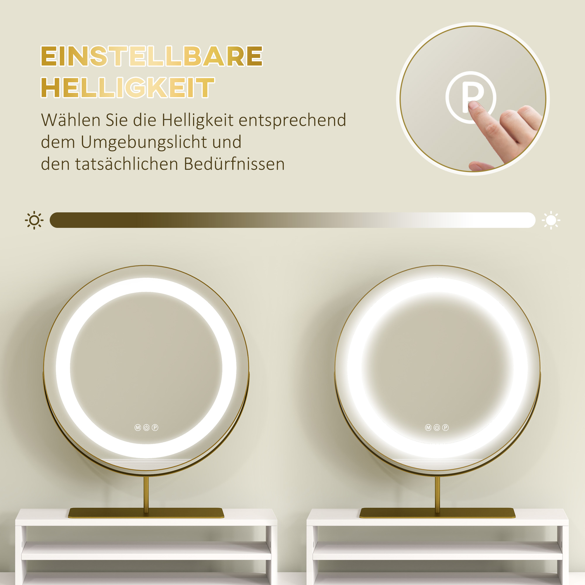 HOMCOM Kaptafel met 360° Spiegel, LED-verlichting, 2 Laden, Wit/Goud