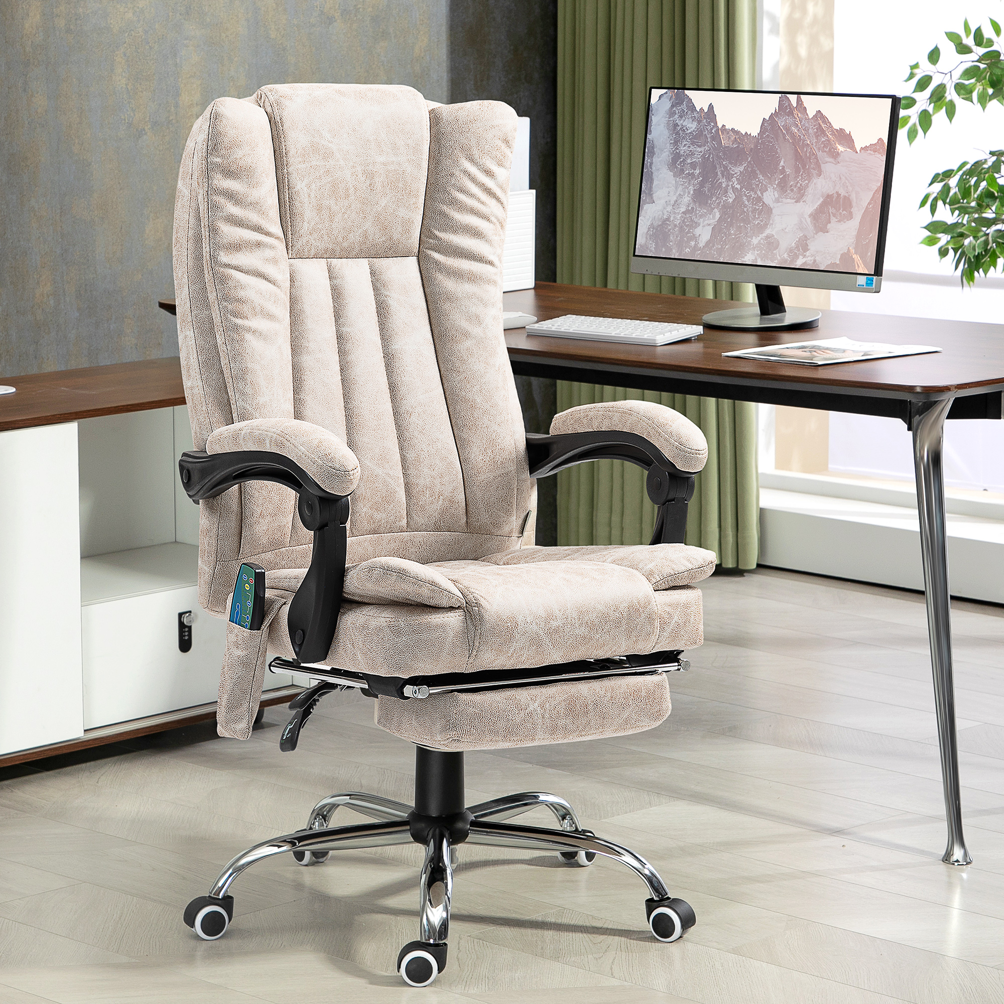 Vinsetto Bureaustoel met Massagefunctie, Ergonomische Schreibtischstoel met Ligfunctie, Verwarmingsfunctie en Zijzak, Crèmewit
