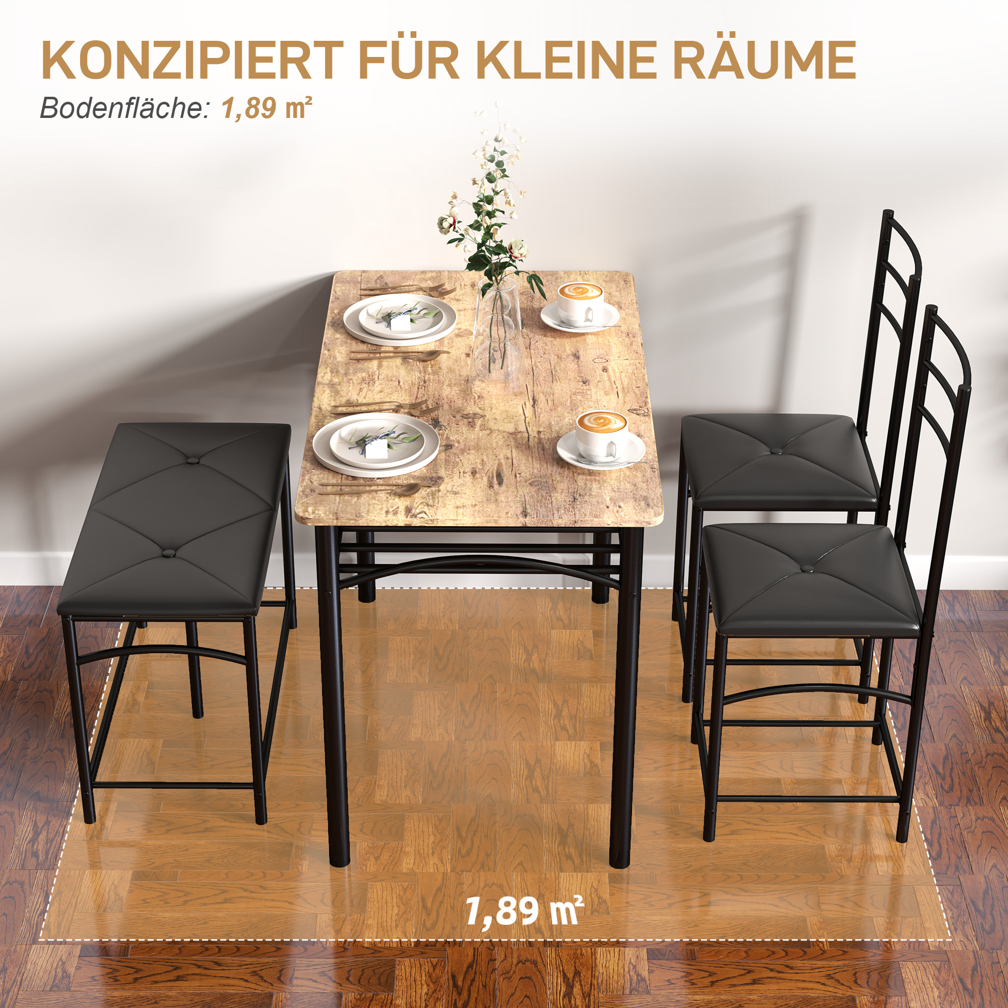HOMCOM 4-Delige Eetkamerset, Ruimtebesparende Set met Tafel, 2 Stoelen en Bank voor Kleine Ruimtes, Metaal, Hout, Bruin